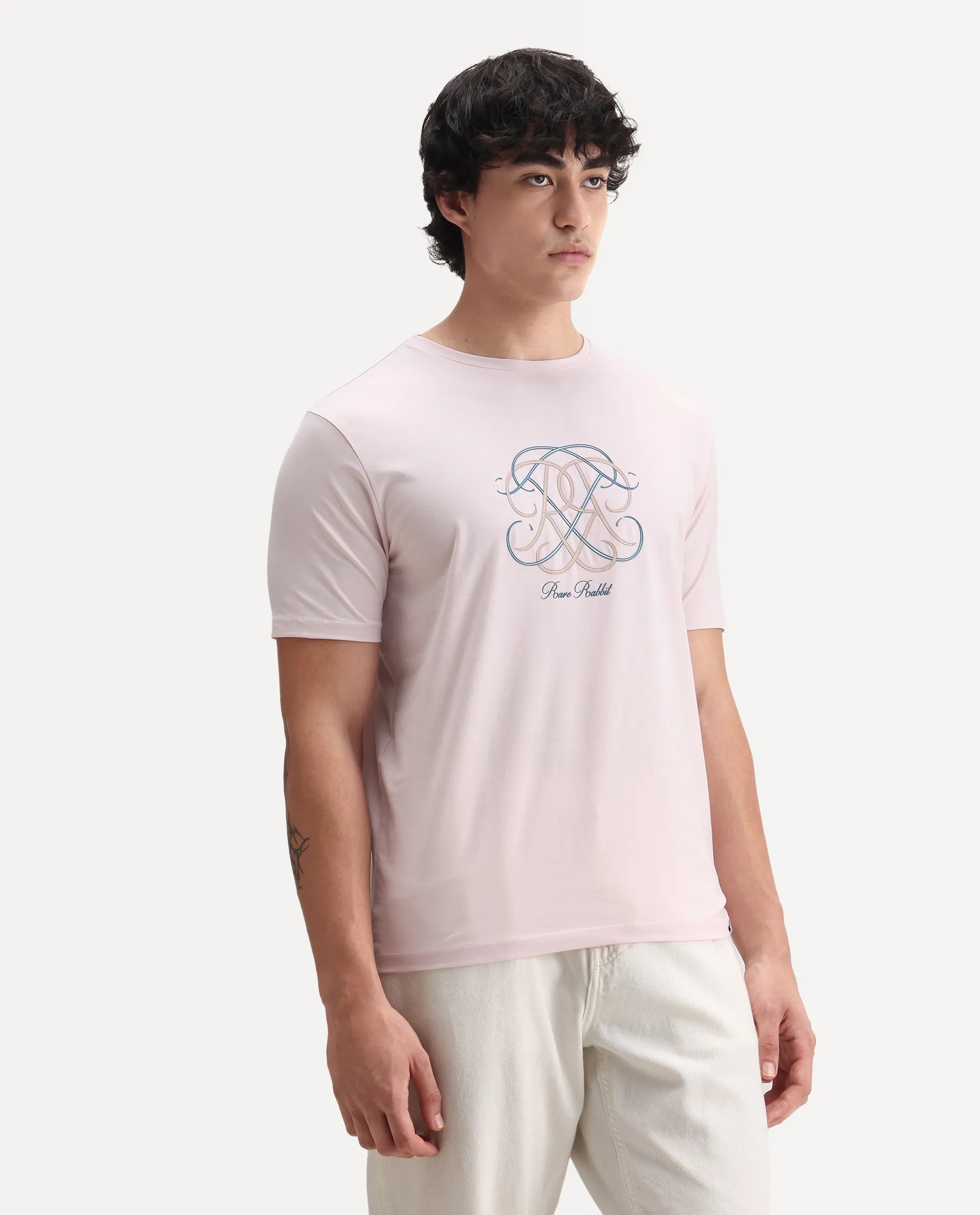Rare Rabbit Men's Wrax Light Pink Cotton Blend Hd Print Regular Fit Half Sleeve Crew Neck T-Shirt