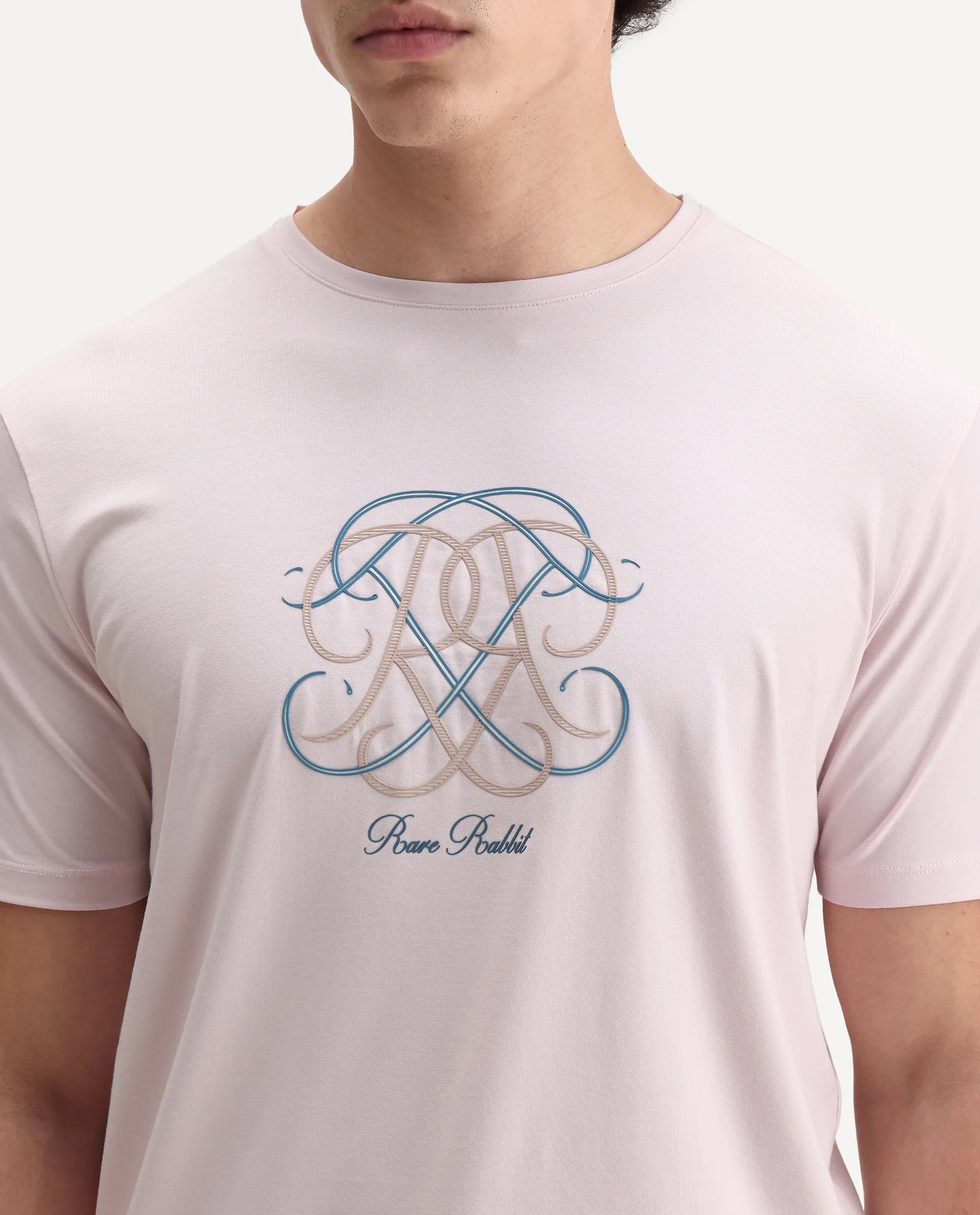 Rare Rabbit Men's Wrax Light Pink Cotton Blend Hd Print Regular Fit Half Sleeve Crew Neck T-Shirt