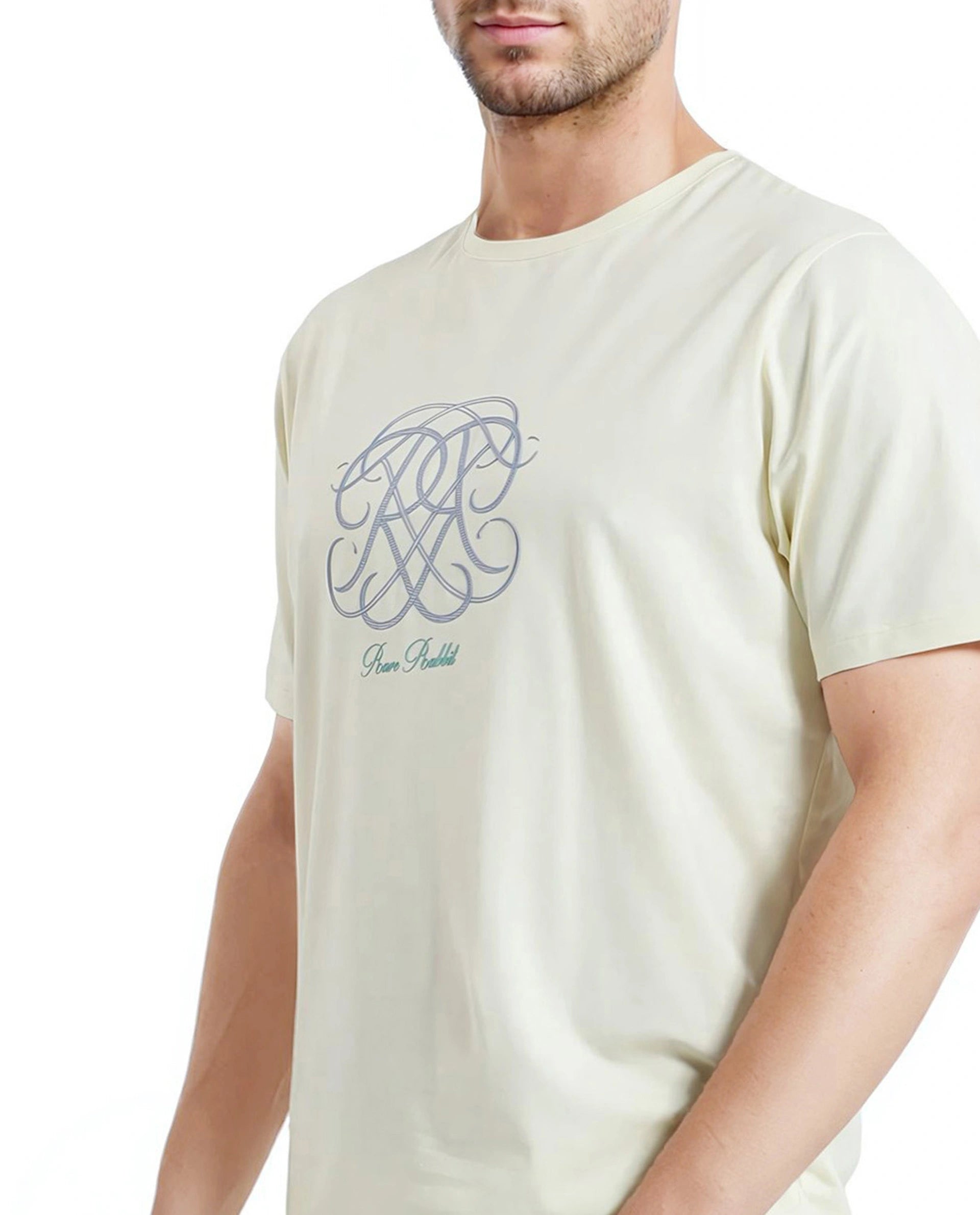 Rare Rabbit Men Wrax Pastel Yellow Cotton Blend Fabric Short Sleeve Crew Neck Regular Fit Grophic Print T-Shirt