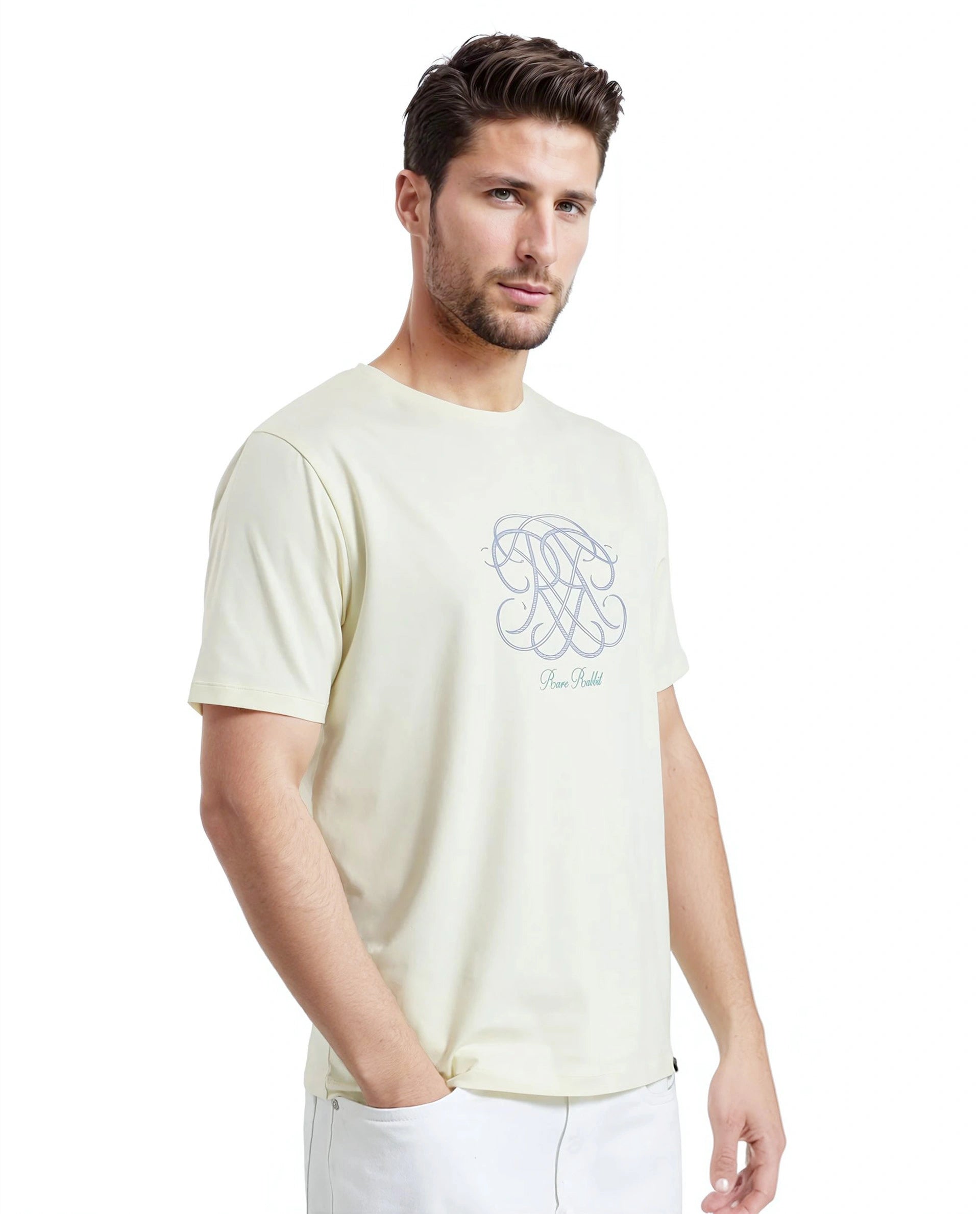 Rare Rabbit Men Wrax Pastel Yellow Cotton Blend Fabric Short Sleeve Crew Neck Regular Fit Grophic Print T-Shirt