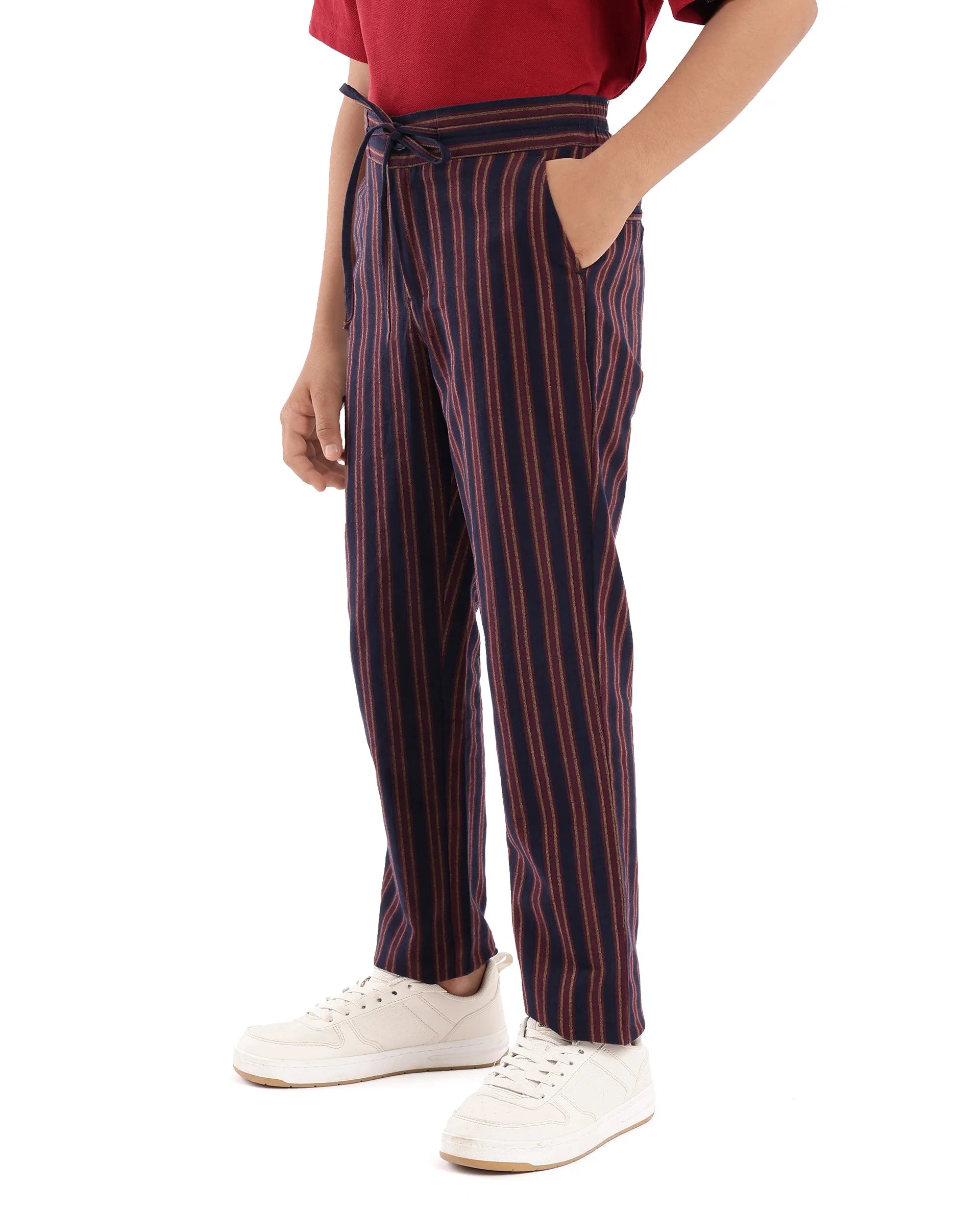 Rare Ones Kids Wren Maroon Cotton Regular Fit Button and Drawstring Closure Striped Trouser