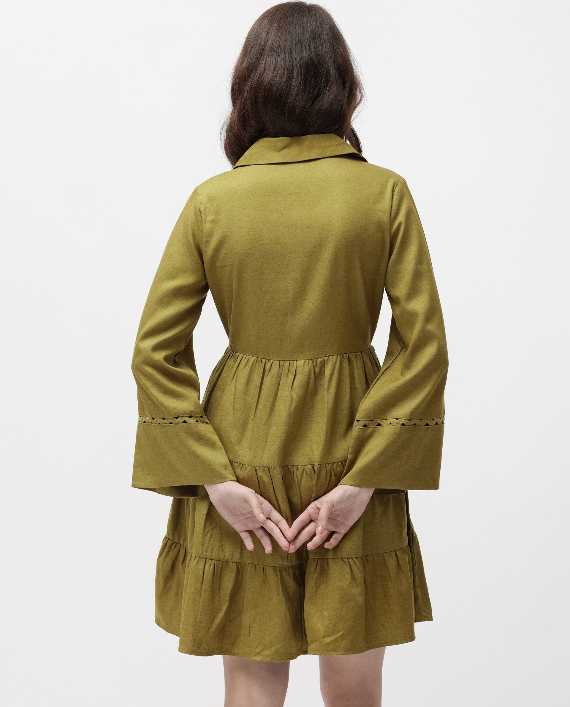 Rareism Women Wyatt Green Shirt Collar Bell Sleeves Front Full Button Closure Placket With Patch Pockets Tiered Mini Dress