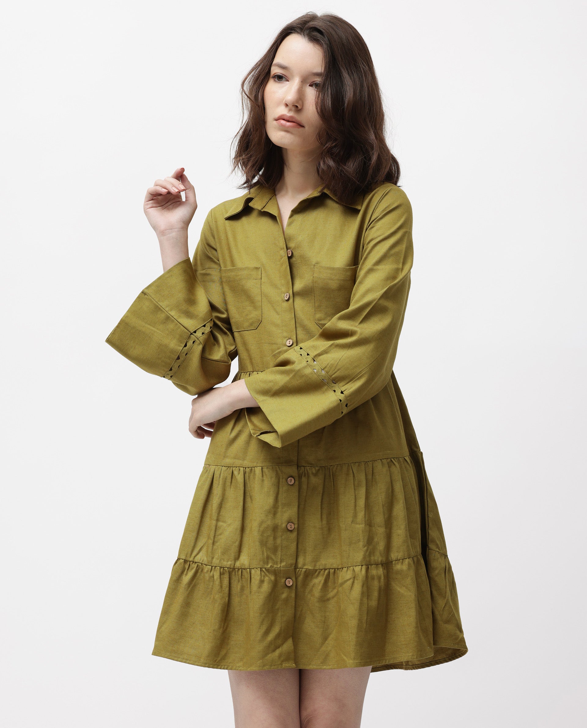 Rareism Women Wyatt Green Shirt Collar Bell Sleeves Front Full Button Closure Placket With Patch Pockets Tiered Mini Dress