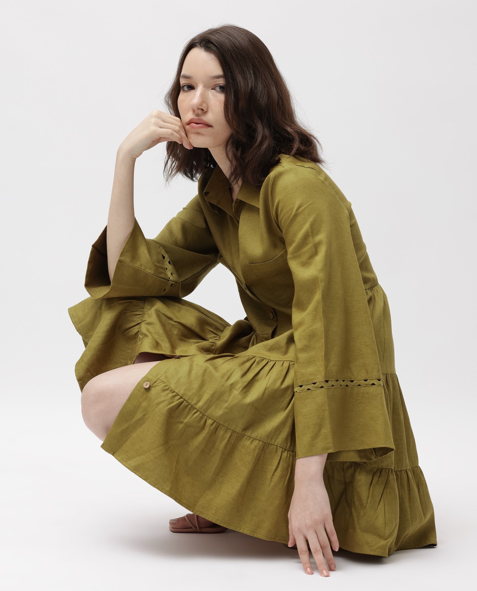 Rareism Women Wyatt Green Shirt Collar Bell Sleeves Front Full Button Closure Placket With Patch Pockets Tiered Mini Dress