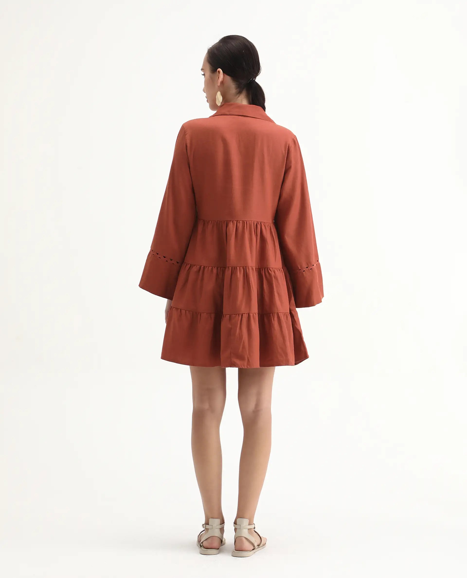 Rareism Women's Wyatt Rust Cotton Blend Spread Collar Plain Bell Sleeve Mini Regular Fit Dress