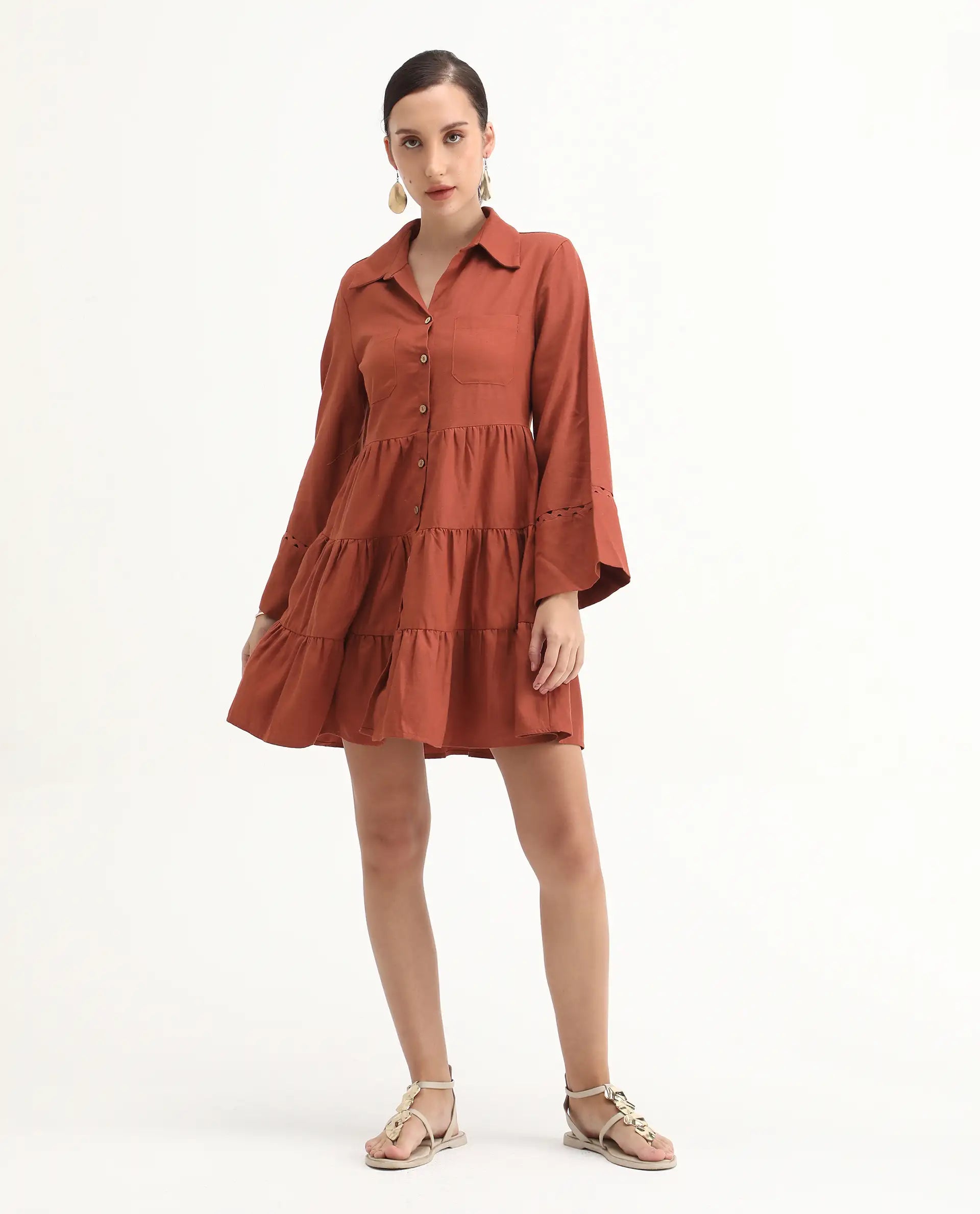 Rareism Women's Wyatt Rust Cotton Blend Spread Collar Plain Bell Sleeve Mini Regular Fit Dress