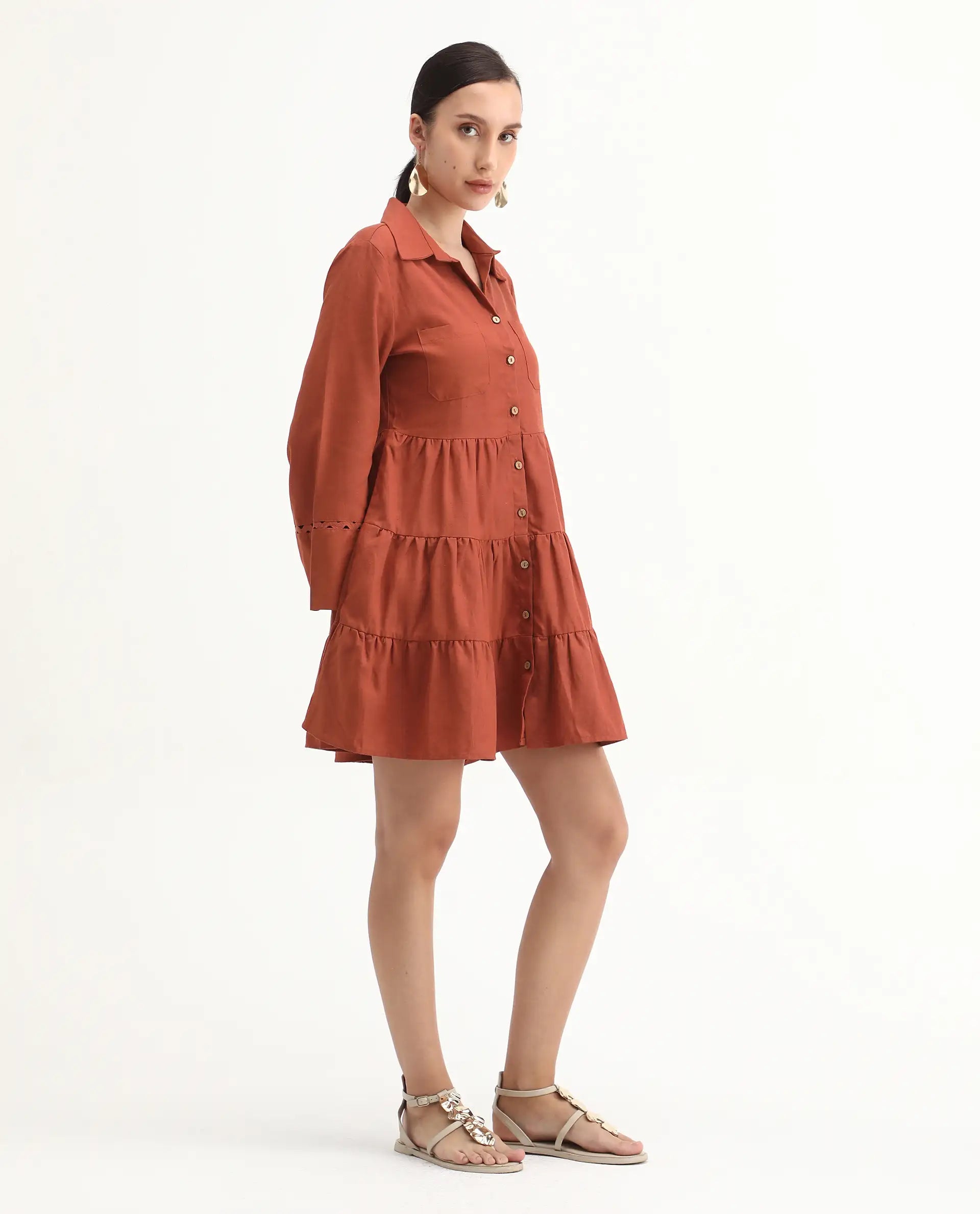 Rareism Women's Wyatt Rust Cotton Blend Spread Collar Plain Bell Sleeve Mini Regular Fit Dress
