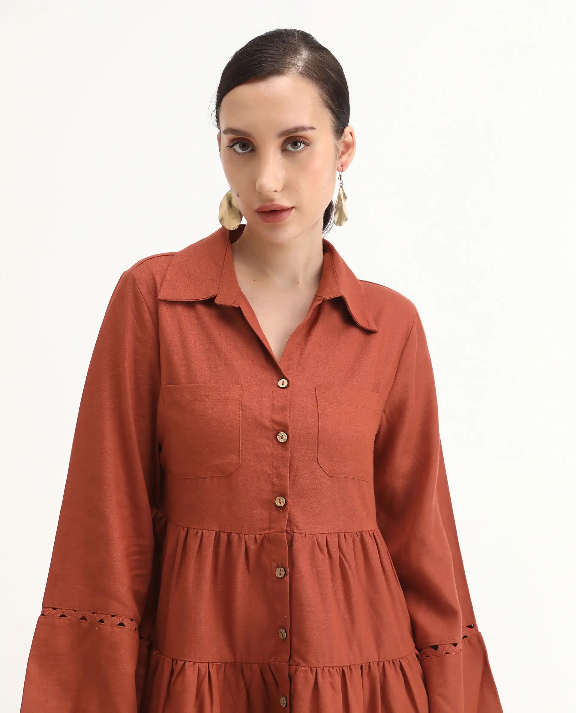 Rareism Women's Wyatt Rust Cotton Blend Spread Collar Plain Bell Sleeve Mini Regular Fit Dress