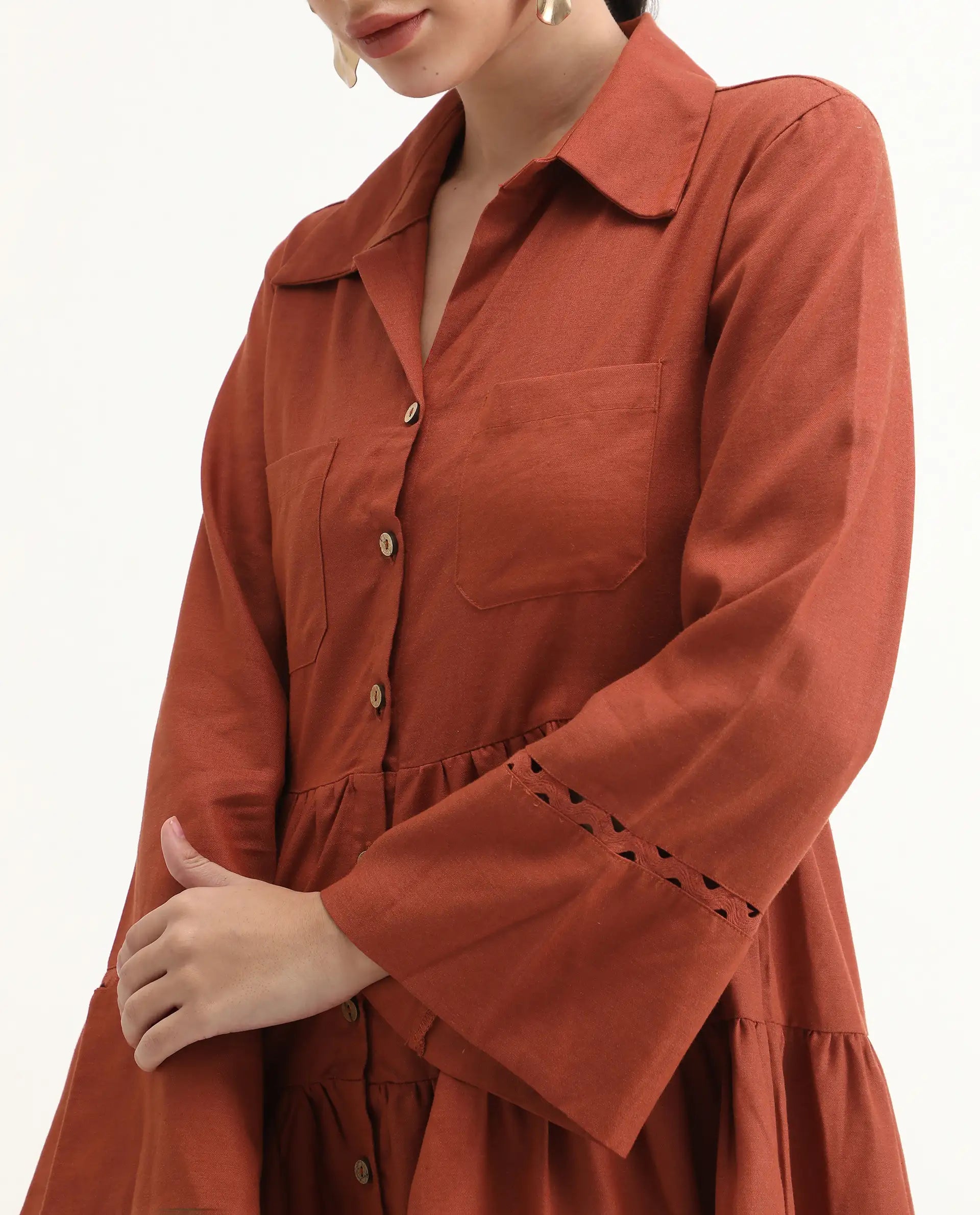 Rareism Women's Wyatt Rust Cotton Blend Spread Collar Plain Bell Sleeve Mini Regular Fit Dress