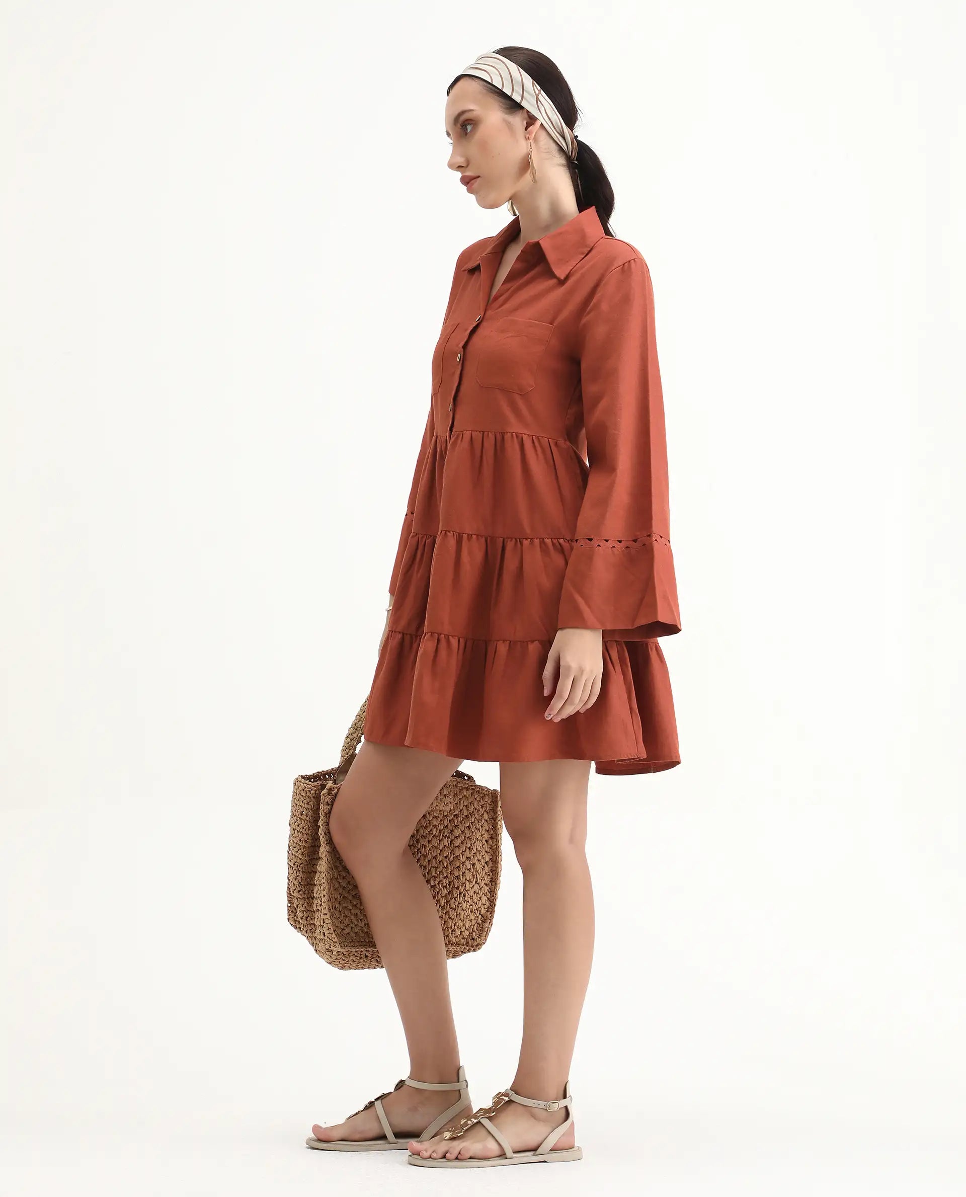 Rareism Women's Wyatt Rust Cotton Blend Spread Collar Plain Bell Sleeve Mini Regular Fit Dress