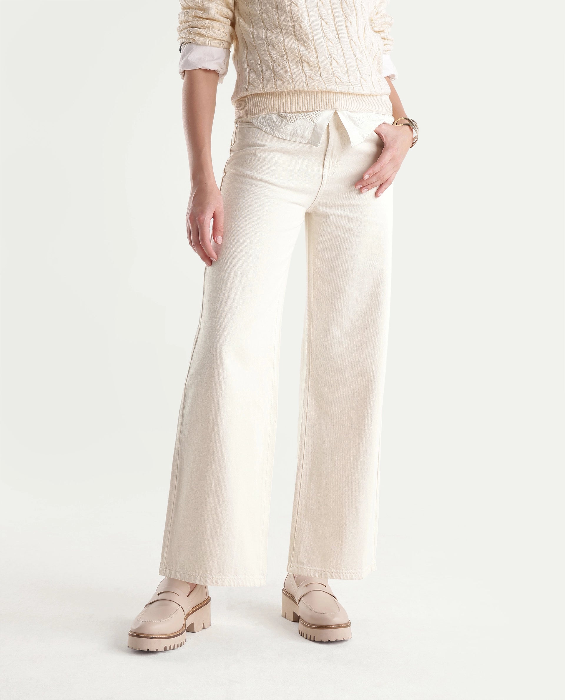 Rareism Women's Wyde-2 Off White Cotton Shank And Zipper Sculpt High Wide Plain Jeans