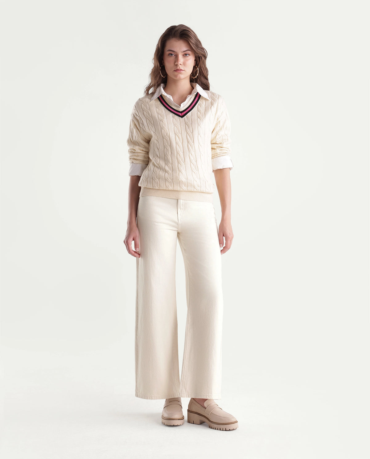 Rareism Women's Wyde-2 Off White Cotton Shank And Zipper Sculpt High Wide Plain Jeans