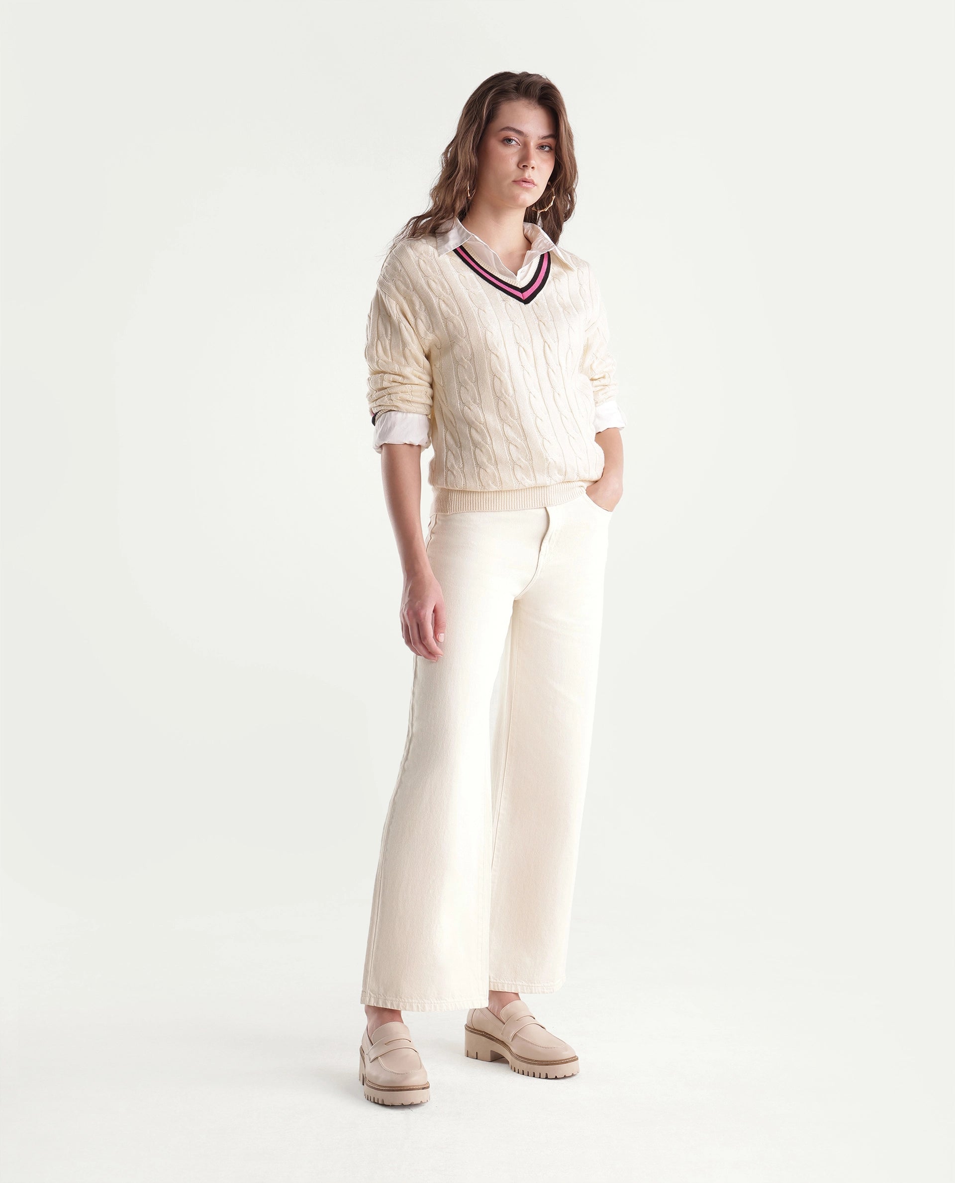 Rareism Women's Wyde-2 Off White Cotton Shank And Zipper Sculpt High Wide Plain Jeans
