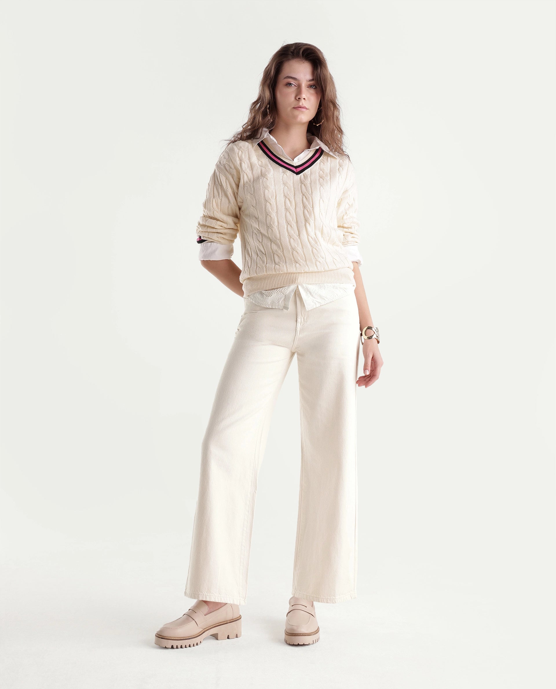 Rareism Women's Wyde-2 Off White Cotton Shank And Zipper Sculpt High Wide Plain Jeans