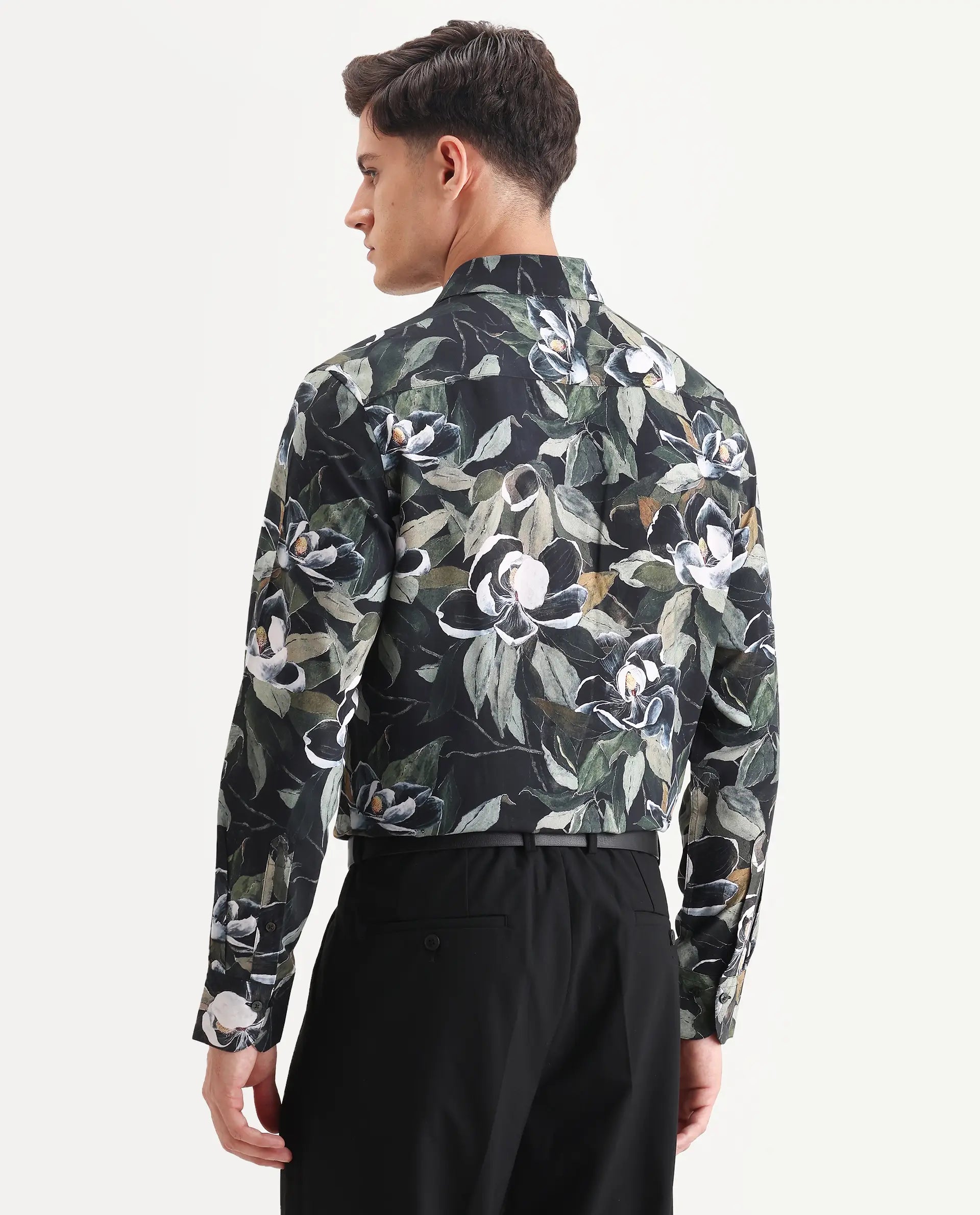 Rare Rabbit Men's Wyna Dark Green Viscose Fabric Collared Neck Regular Fit Floral Print Shirt