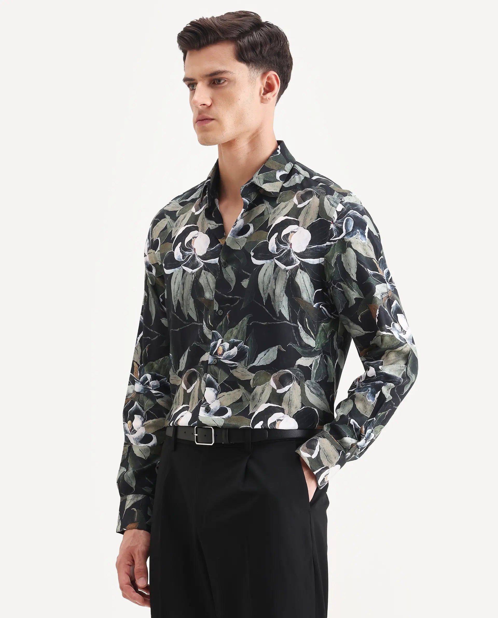 Rare Rabbit Men's Wyna Dark Green Viscose Fabric Collared Neck Regular Fit Floral Print Shirt