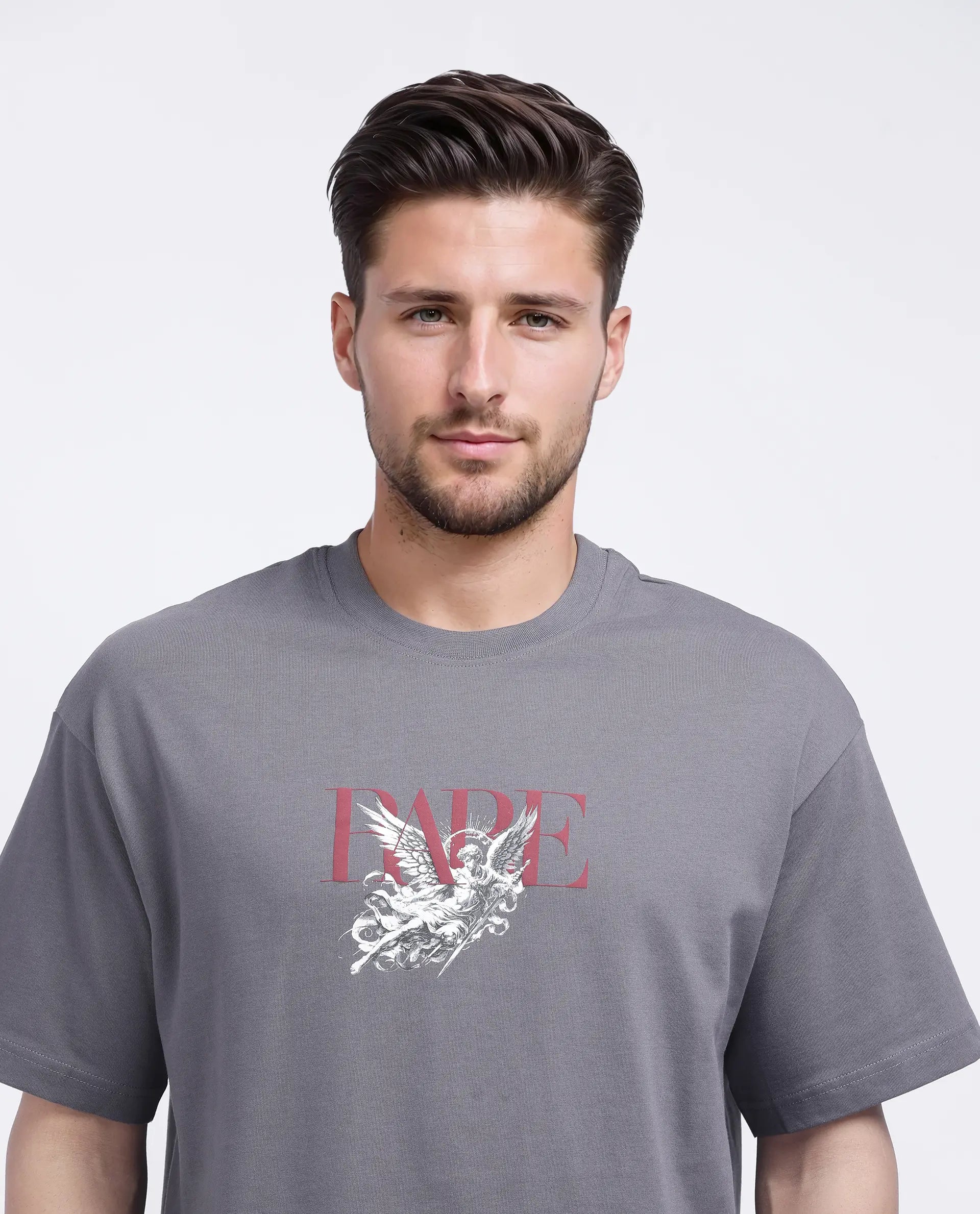 Rare Rabbit Men's Xab Dark Grey Cotton Graphic Print Oversized Fit Half Sleeve Crew Neck T-Shirt