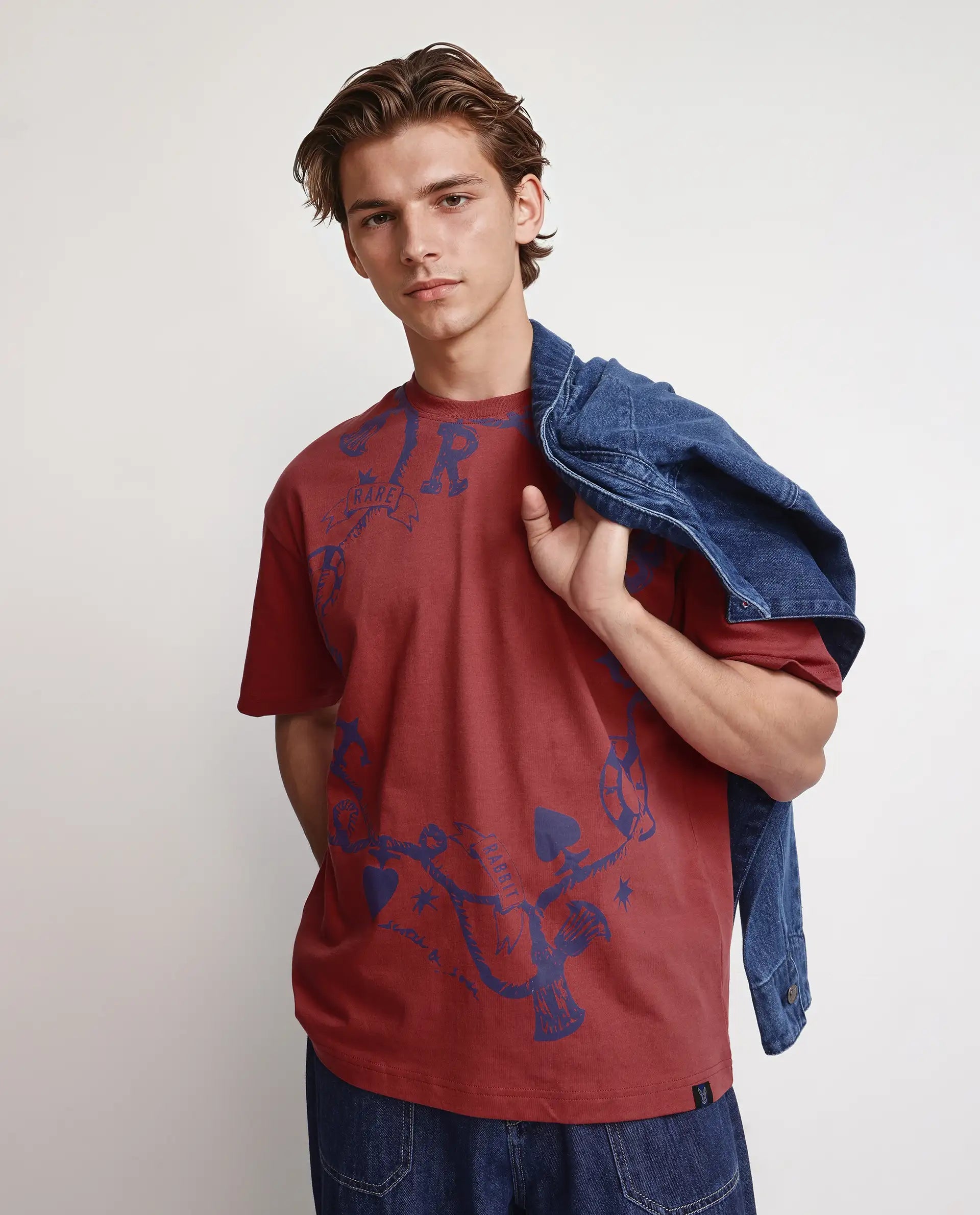 Rare Rabbit Men Xab Pastel Red Cotton Fabric Short Sleeve Crew Neck Oversized Fit Graphic Print T-Shirt