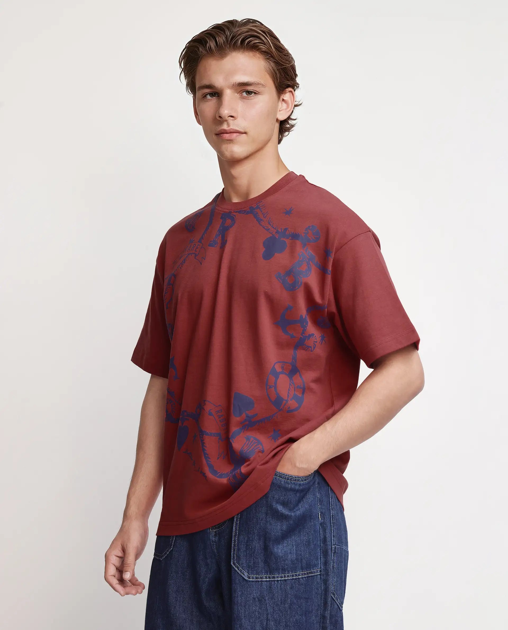 Rare Rabbit Men Xab Pastel Red Cotton Fabric Short Sleeve Crew Neck Oversized Fit Graphic Print T-Shirt