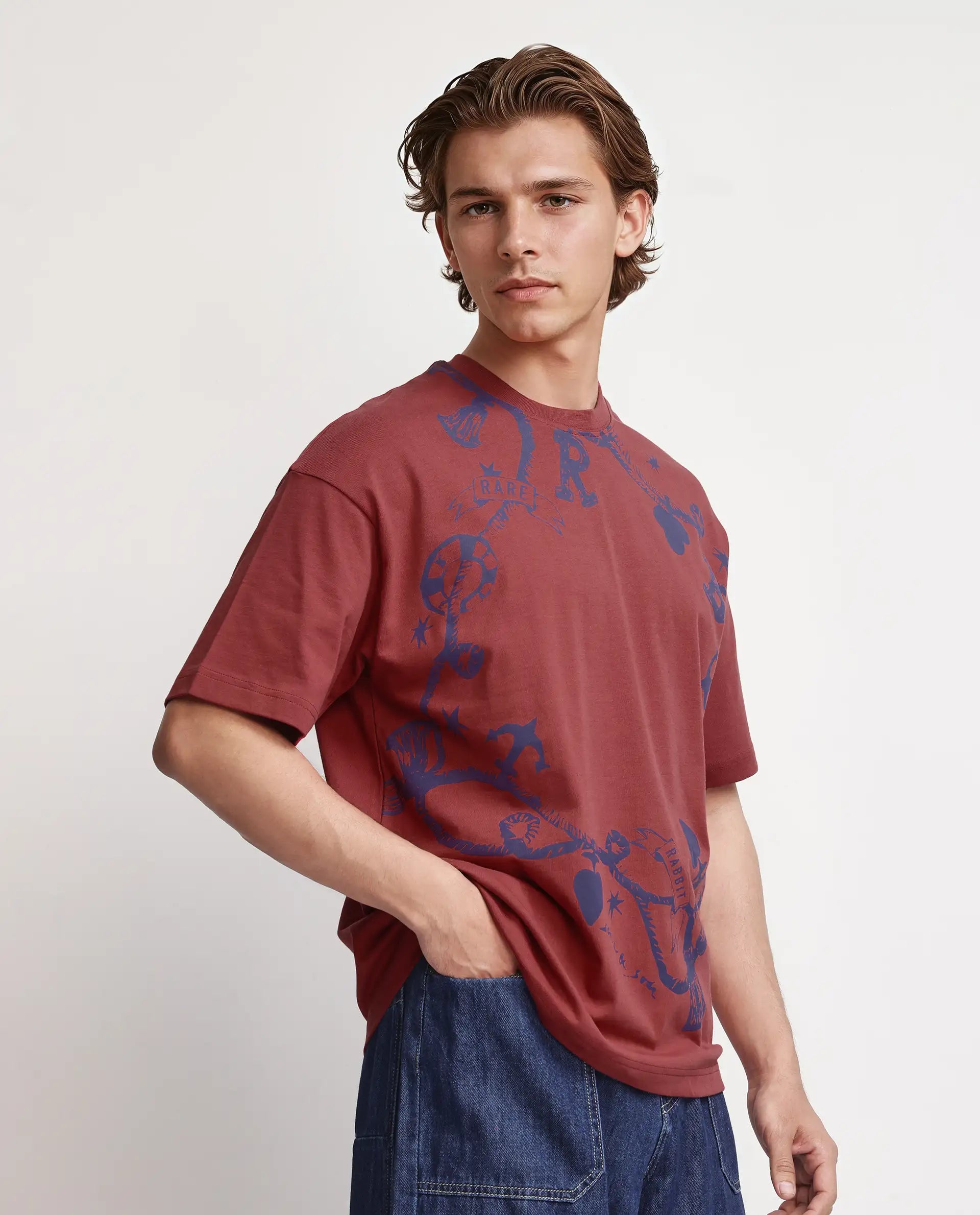 Rare Rabbit Men Xab Pastel Red Cotton Fabric Short Sleeve Crew Neck Oversized Fit Graphic Print T-Shirt