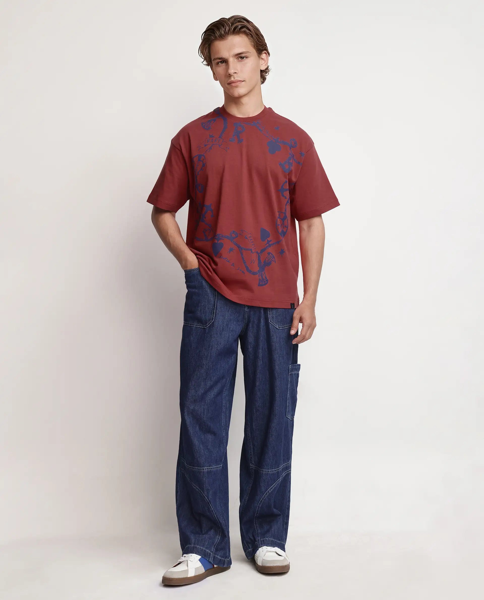 Rare Rabbit Men Xab Pastel Red Cotton Fabric Short Sleeve Crew Neck Oversized Fit Graphic Print T-Shirt