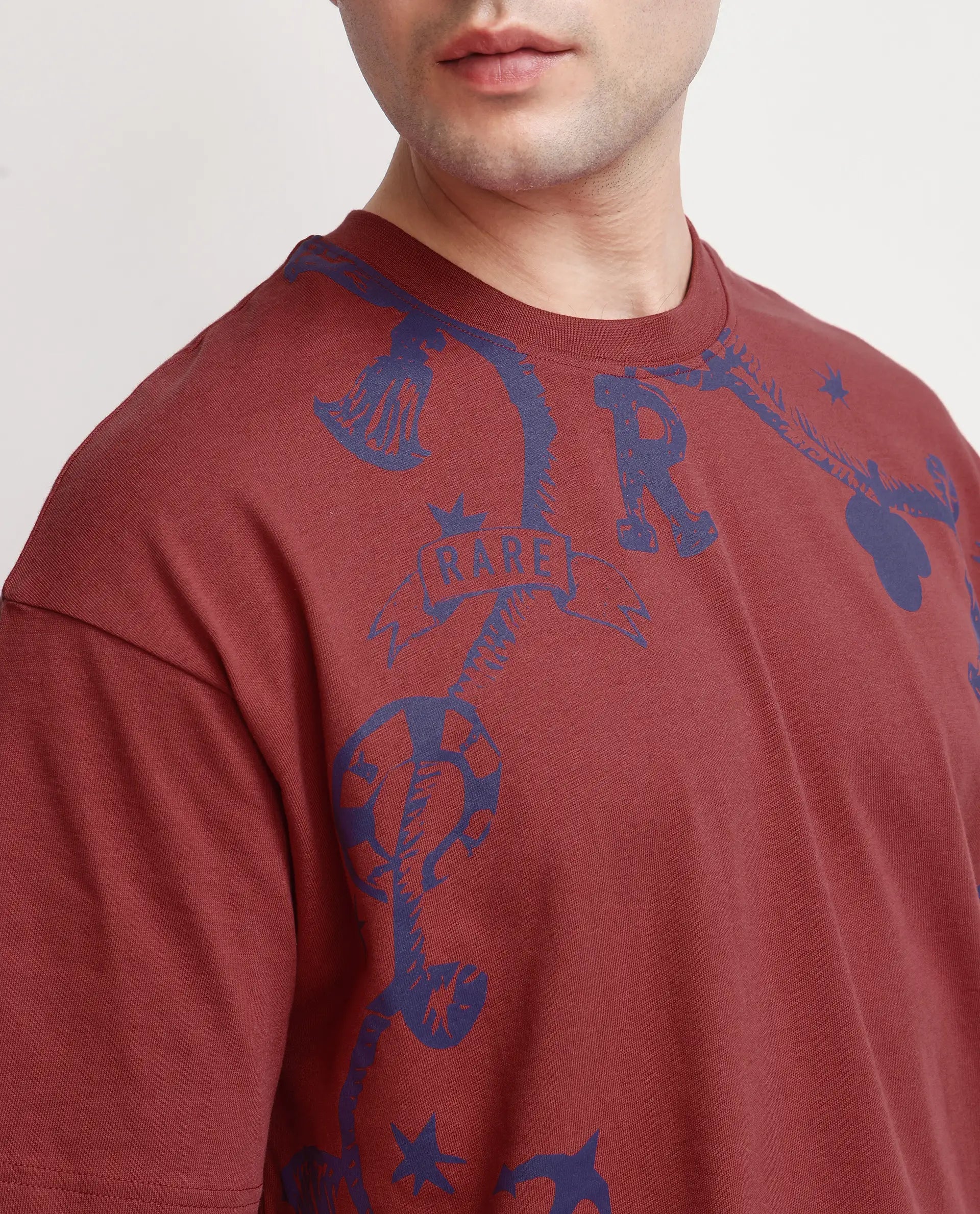 Rare Rabbit Men Xab Pastel Red Cotton Fabric Short Sleeve Crew Neck Oversized Fit Graphic Print T-Shirt