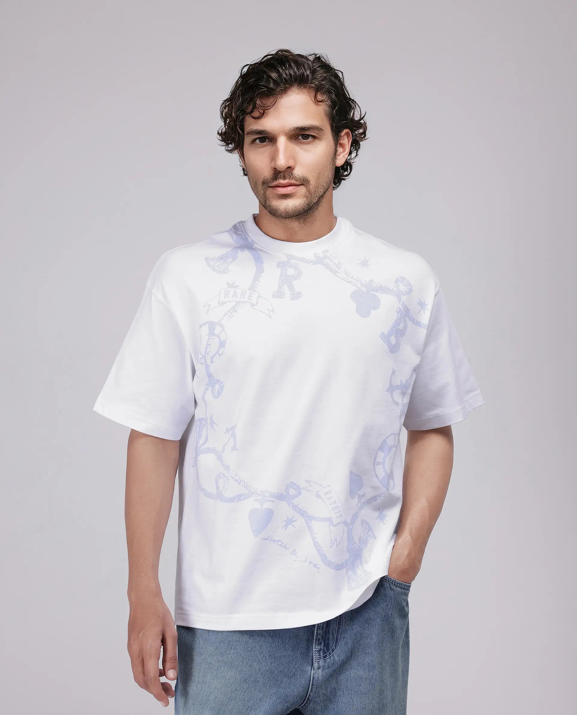 Rare Rabbit Men Xab White Cotton Fabric Short Sleeve Crew Neck Oversized Fit Graphic Print T-Shirt