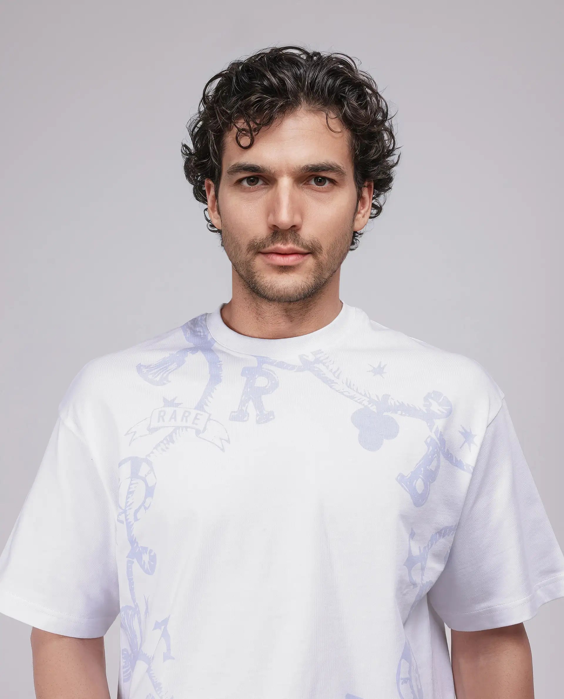 Rare Rabbit Men Xab White Cotton Fabric Short Sleeve Crew Neck Oversized Fit Graphic Print T-Shirt