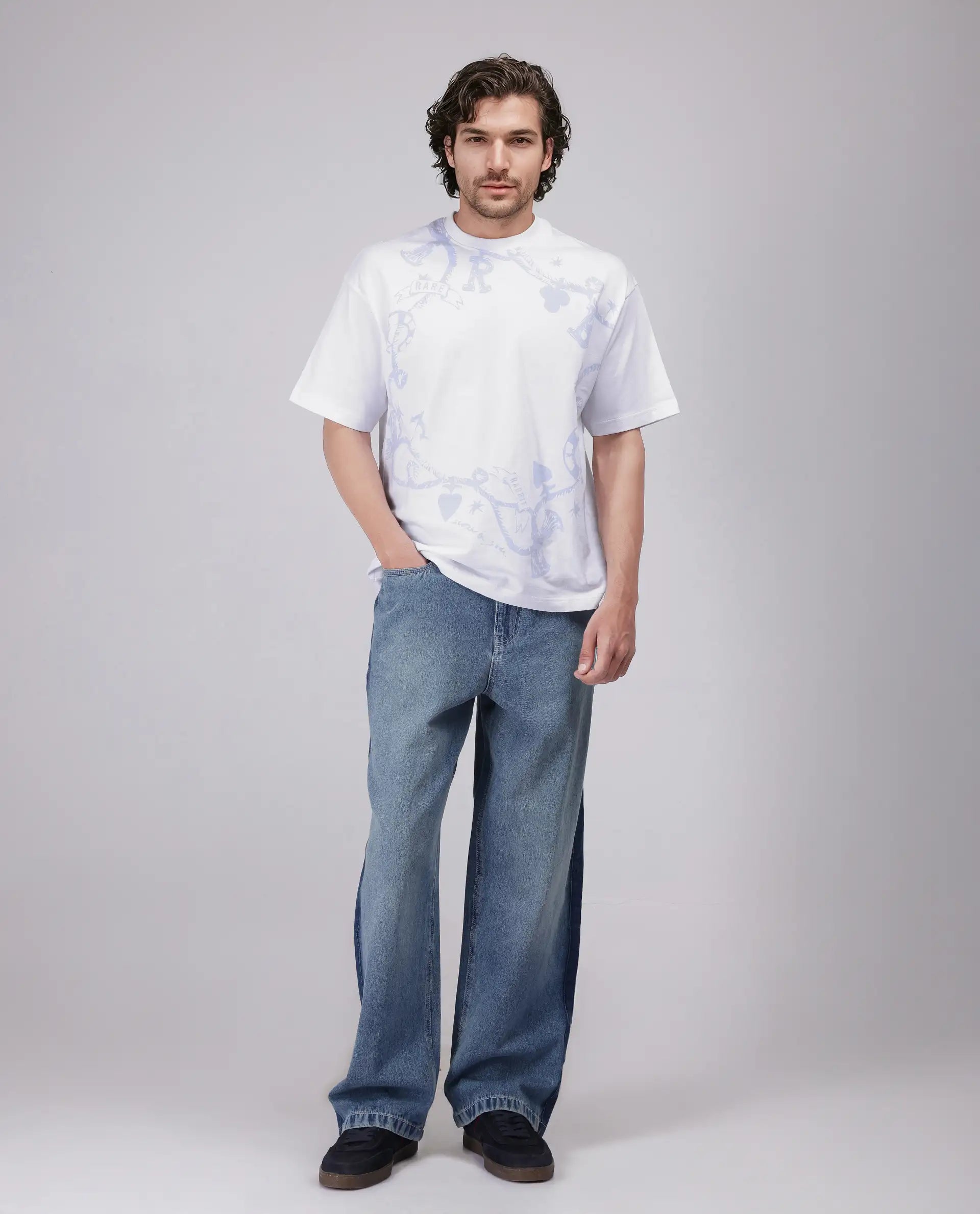 Rare Rabbit Men Xab White Cotton Fabric Short Sleeve Crew Neck Oversized Fit Graphic Print T-Shirt