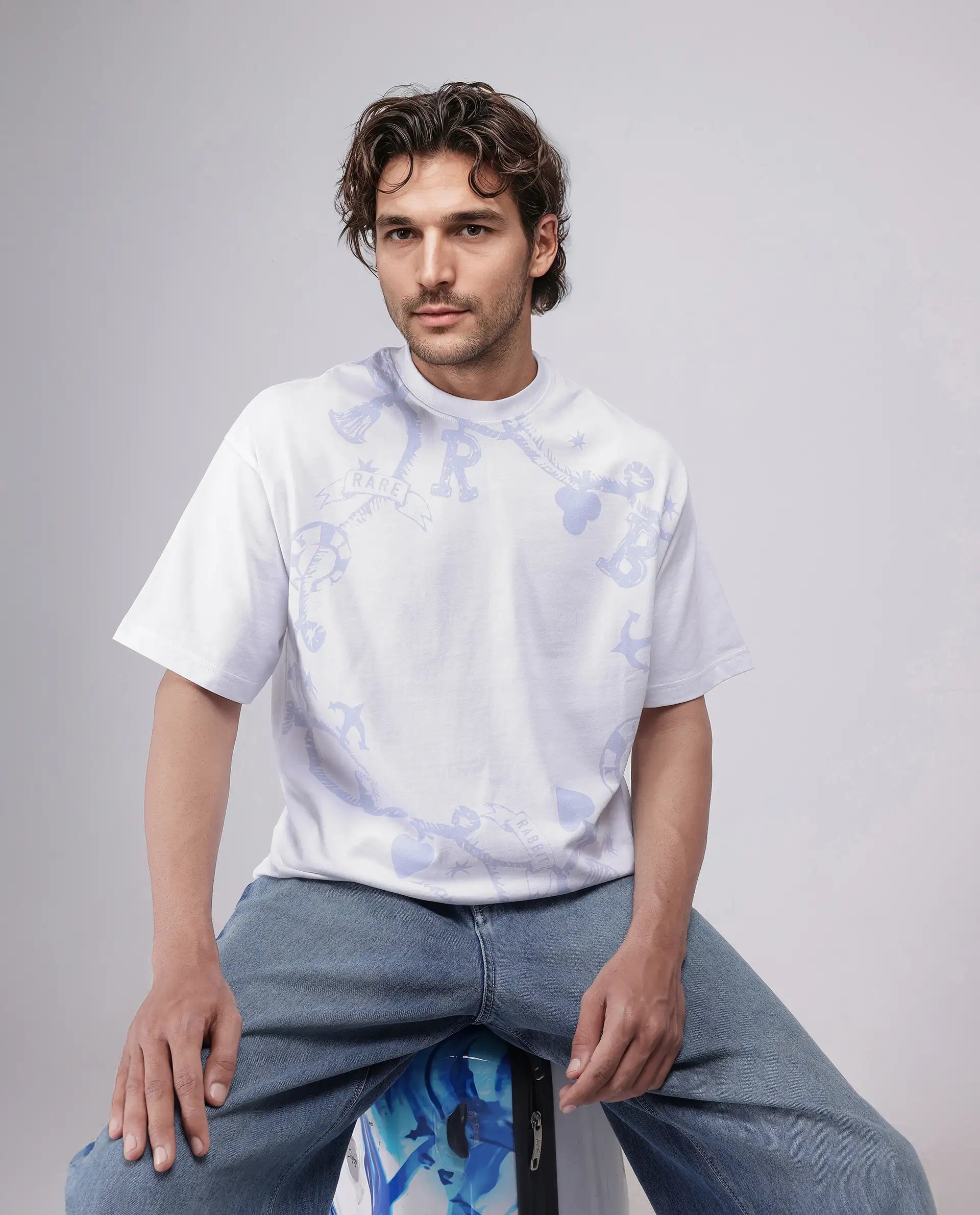 Rare Rabbit Men Xab White Cotton Fabric Short Sleeve Crew Neck Oversized Fit Graphic Print T-Shirt