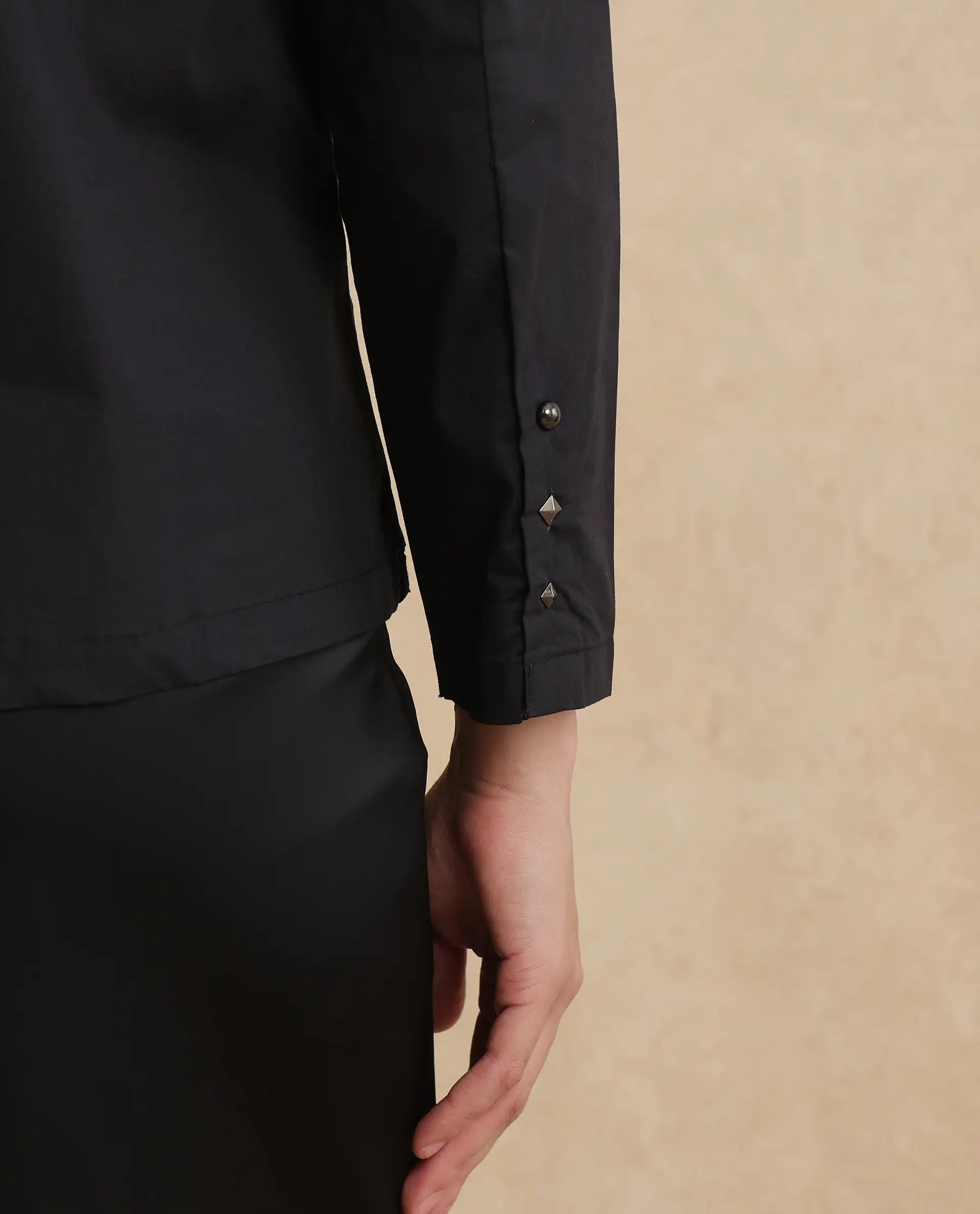 Rareism Women Xan Black Full Sleeve Collared Neck Zipper Closure Plain Top