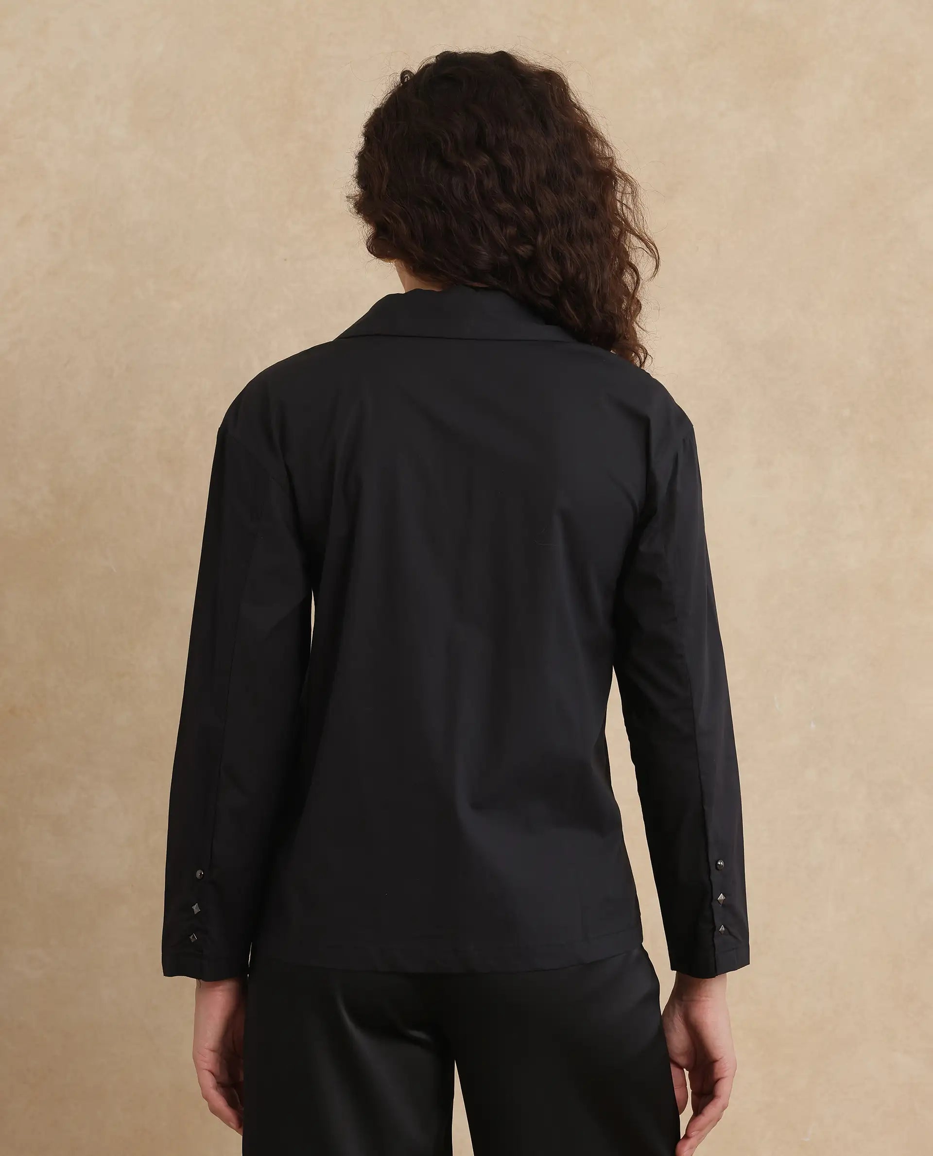 Rareism Women Xan Black Full Sleeve Collared Neck Zipper Closure Plain Top