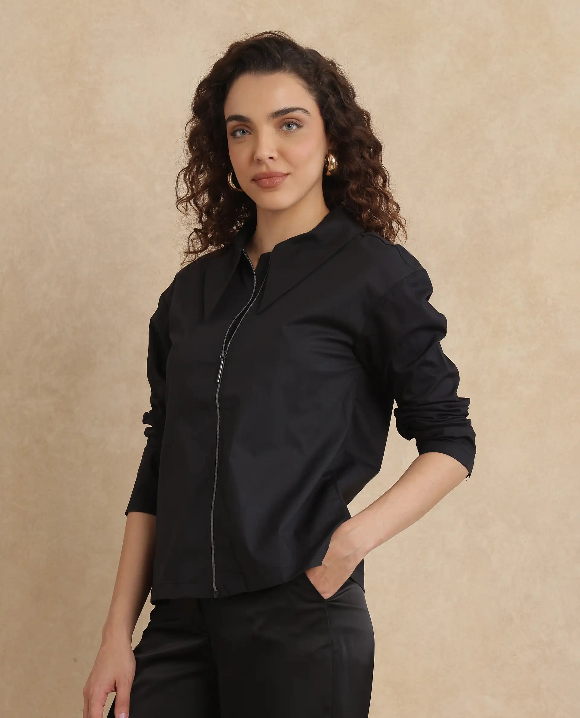 Rareism Women Xan Black Full Sleeve Collared Neck Zipper Closure Plain Top