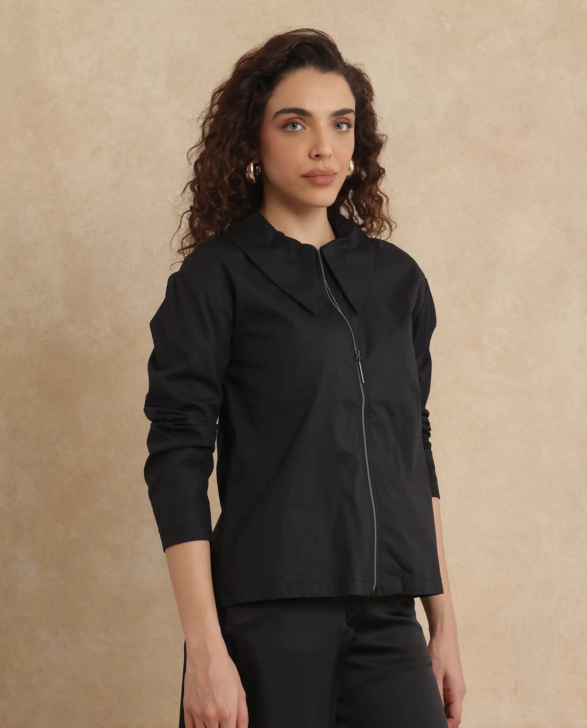 Rareism Women Xan Black Full Sleeve Collared Neck Zipper Closure Plain Top