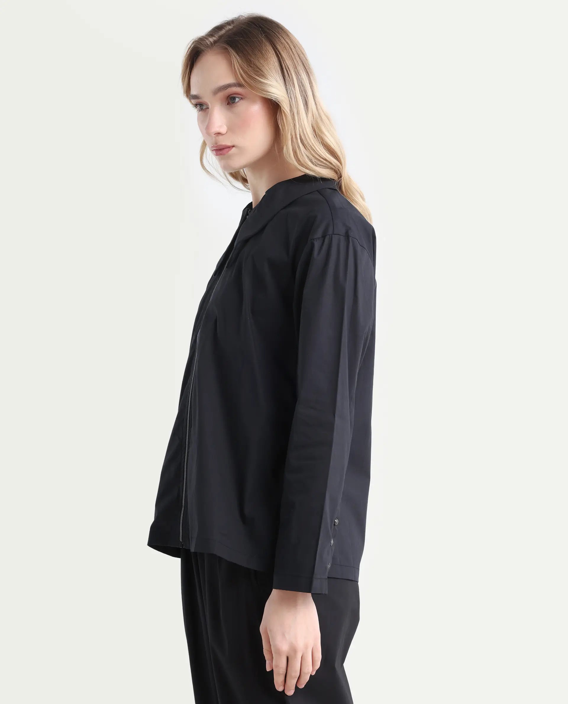 Rareism Women's Xan Black Cotton Spread Collar Plain Regular Fit Top