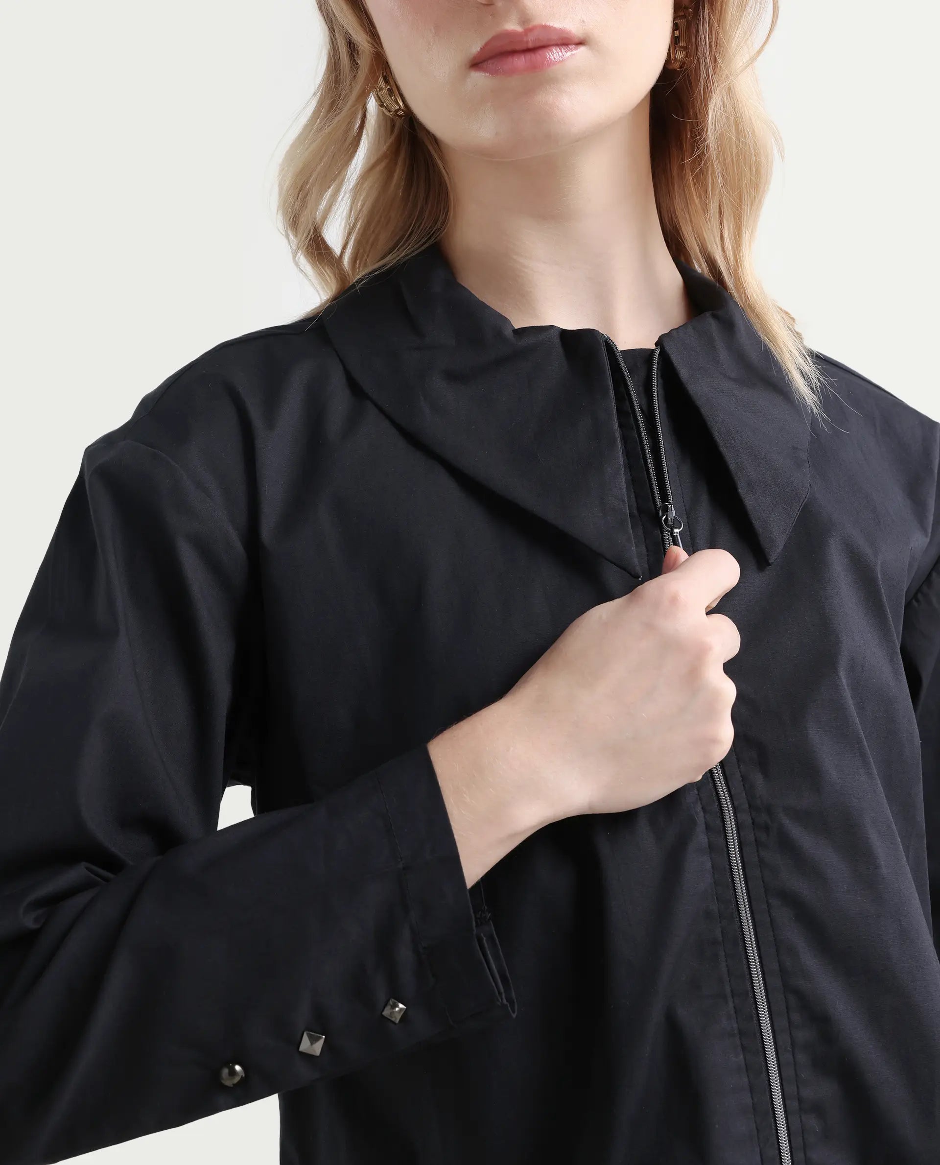 Rareism Women's Xan Black Cotton Spread Collar Plain Regular Fit Top