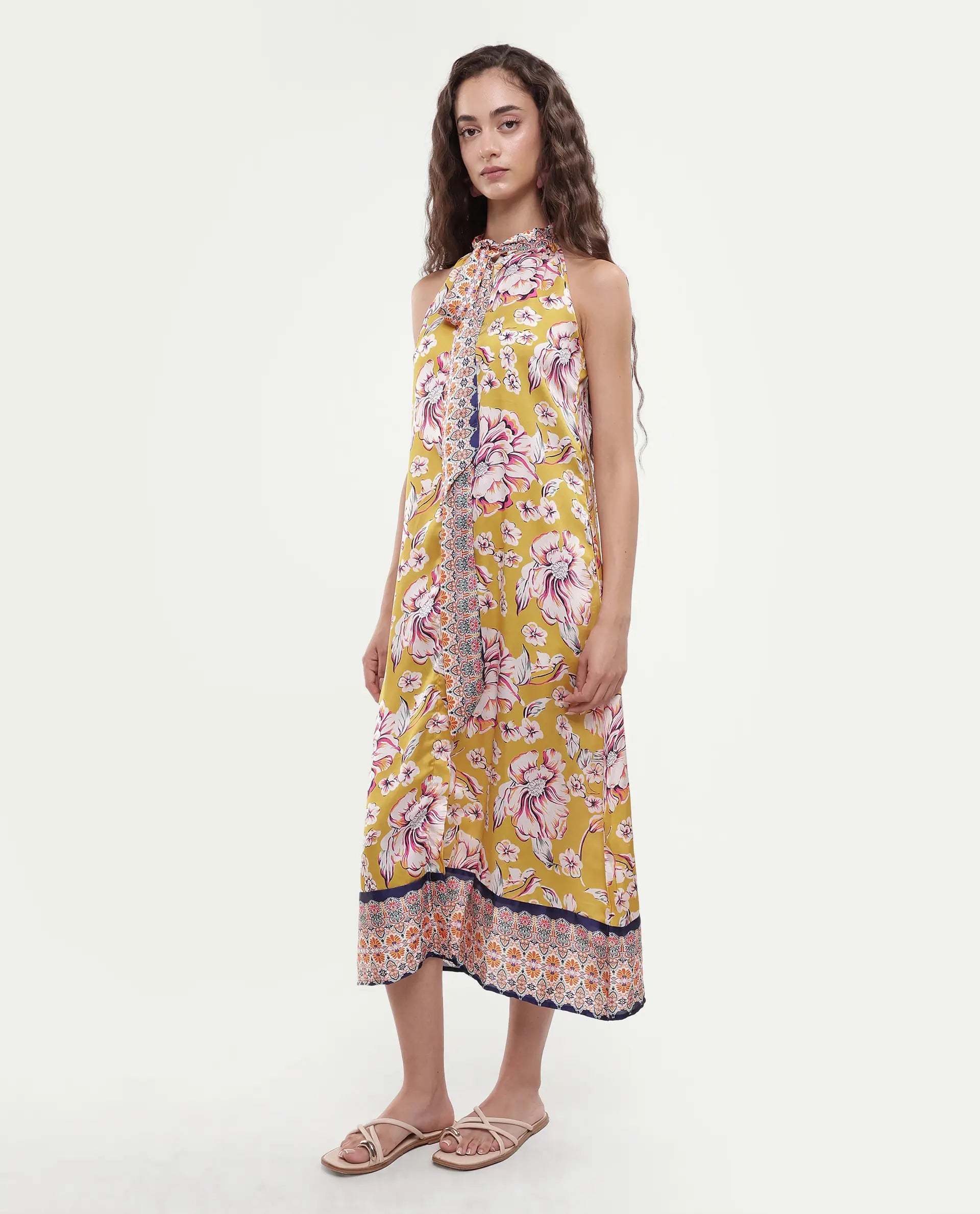 Rareism Women's Xander Yellow Polyester Tie-Up Neck Floral Print Sleeveless Maxi Regular Fit Dress