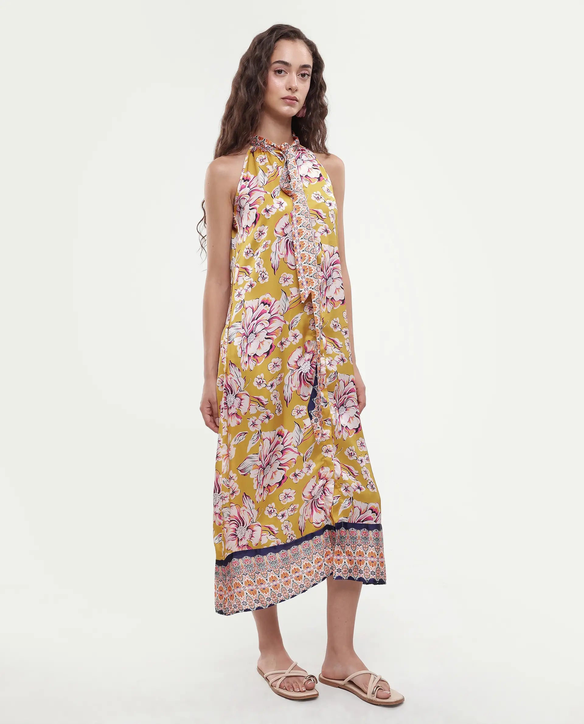 Rareism Women's Xander Yellow Polyester Tie-Up Neck Floral Print Sleeveless Maxi Regular Fit Dress