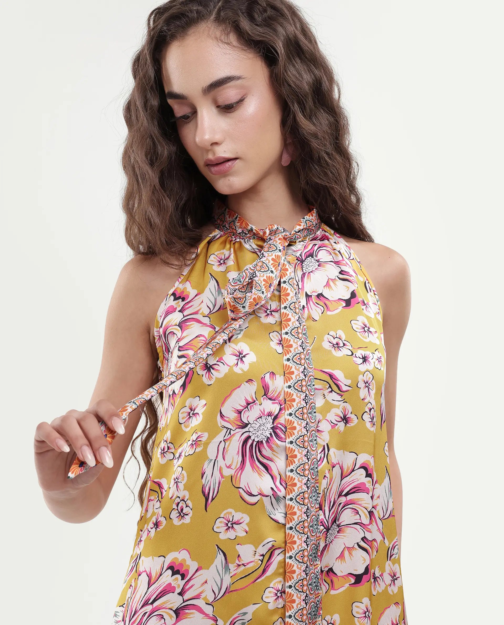 Rareism Women's Xander Yellow Polyester Tie-Up Neck Floral Print Sleeveless Maxi Regular Fit Dress