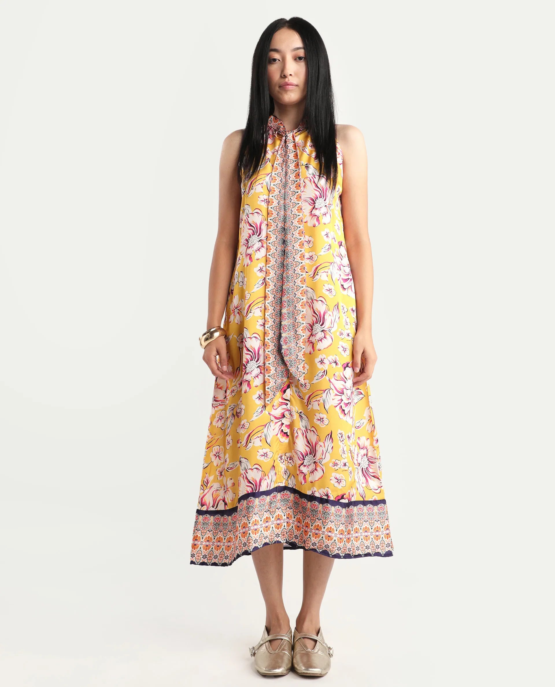 Rareism Women's Xander Yellow Polyester Tie-Up Neck Floral Print Sleeveless Maxi Regular Fit Dress