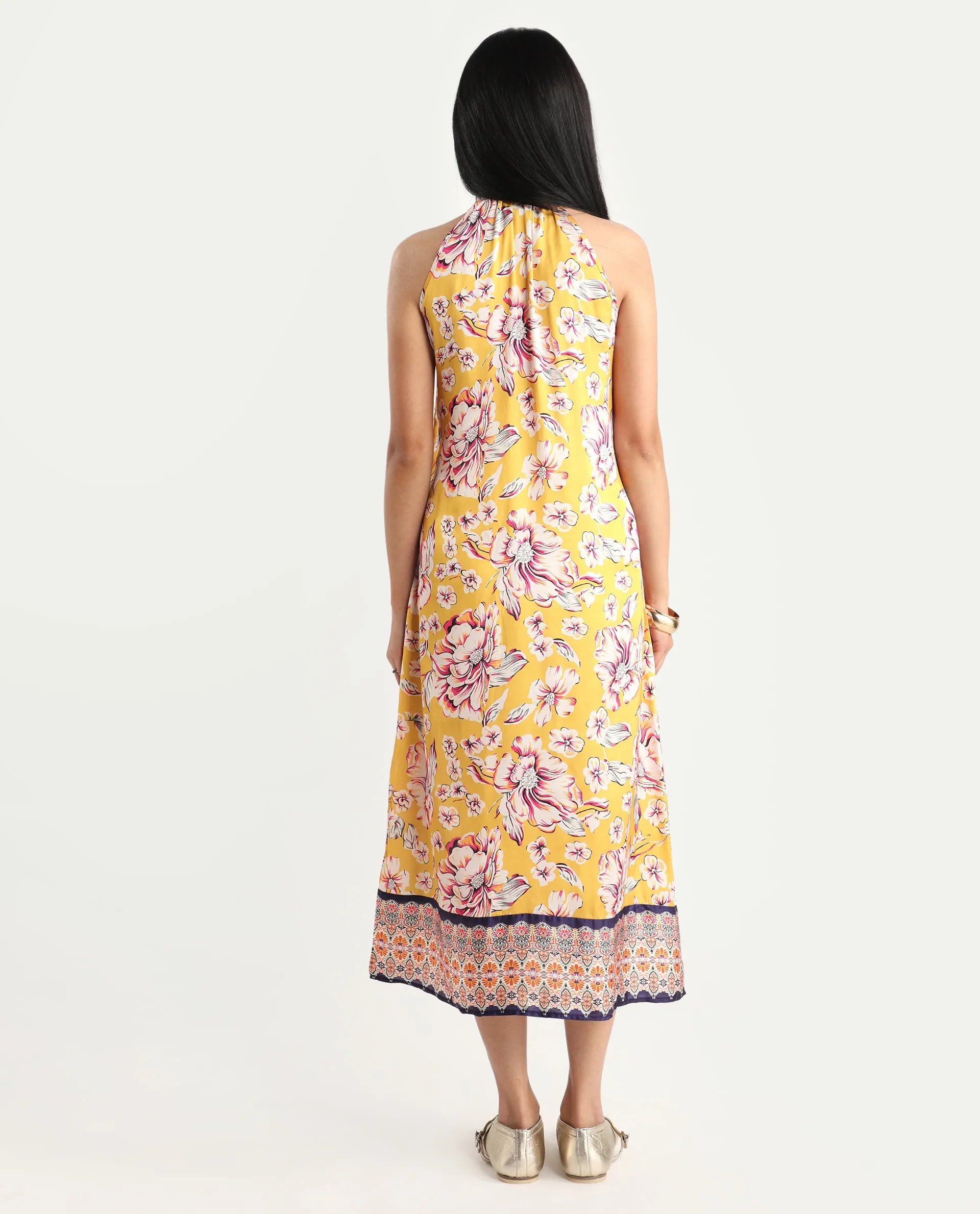 Rareism Women's Xander Yellow Polyester Tie-Up Neck Floral Print Sleeveless Maxi Regular Fit Dress