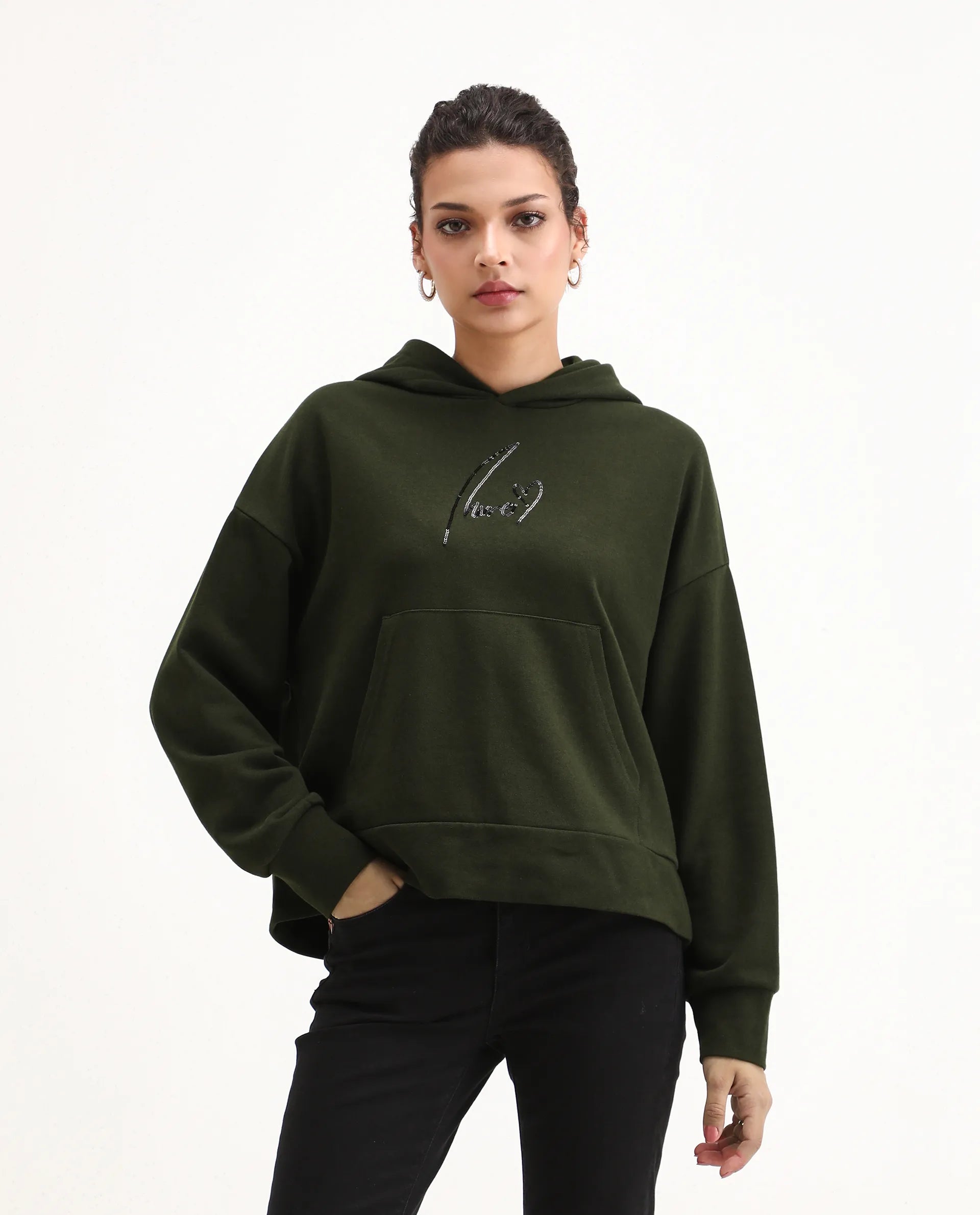 Rareism Women's Xan Dark Olive Cotton Blend Hooded Relaxed Fit Printed Sweatshirt