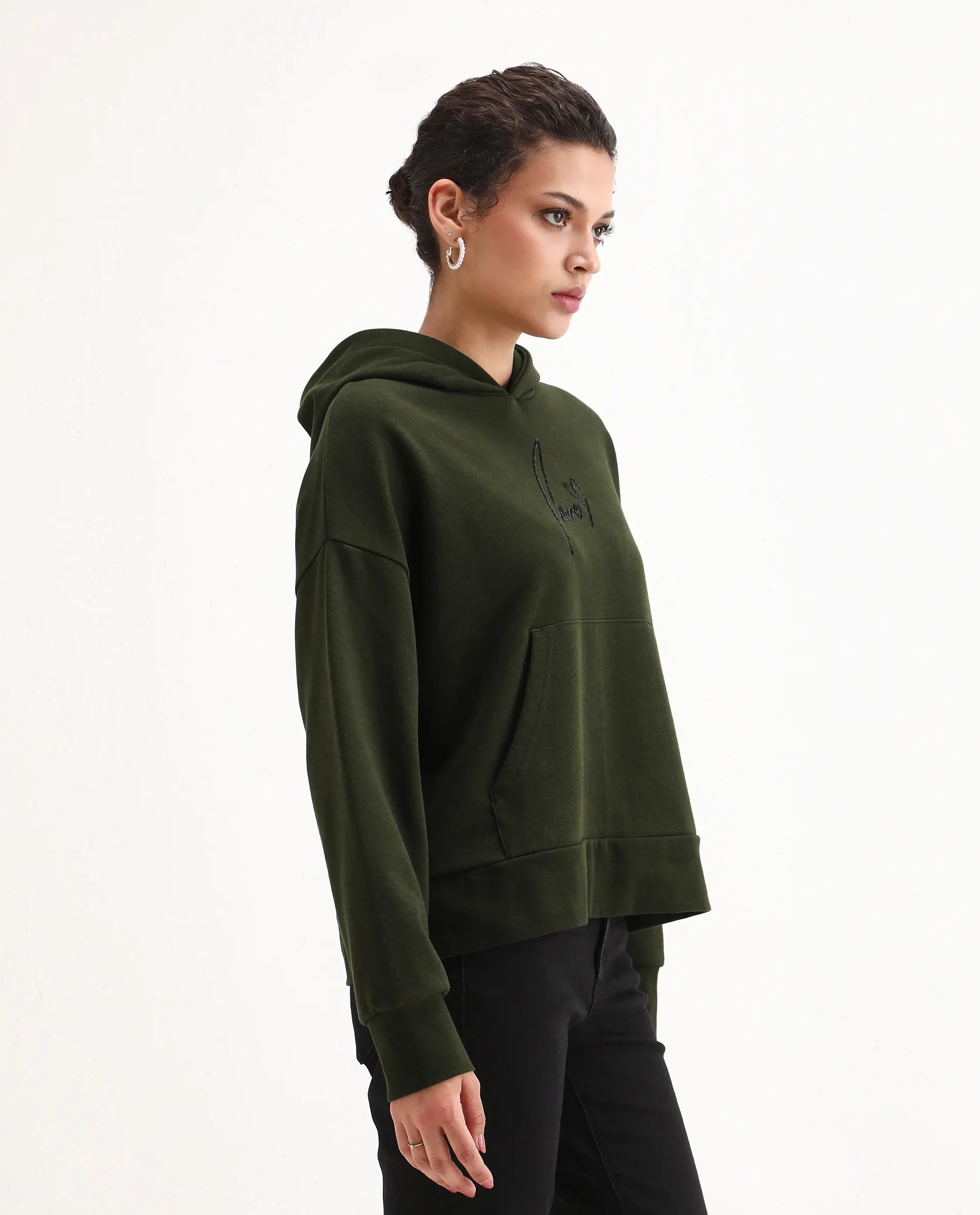 Rareism Women's Xan Dark Olive Cotton Blend Hooded Relaxed Fit Printed Sweatshirt