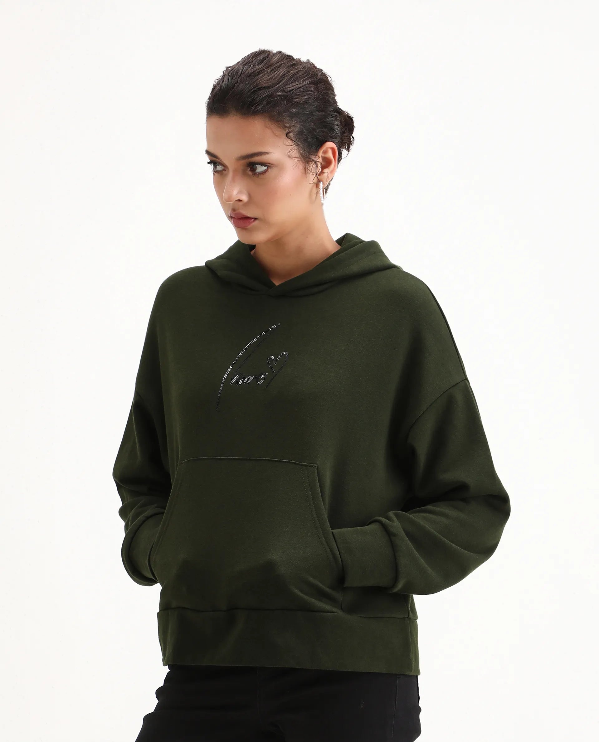 Rareism Women's Xan Dark Olive Cotton Blend Hooded Relaxed Fit Printed Sweatshirt