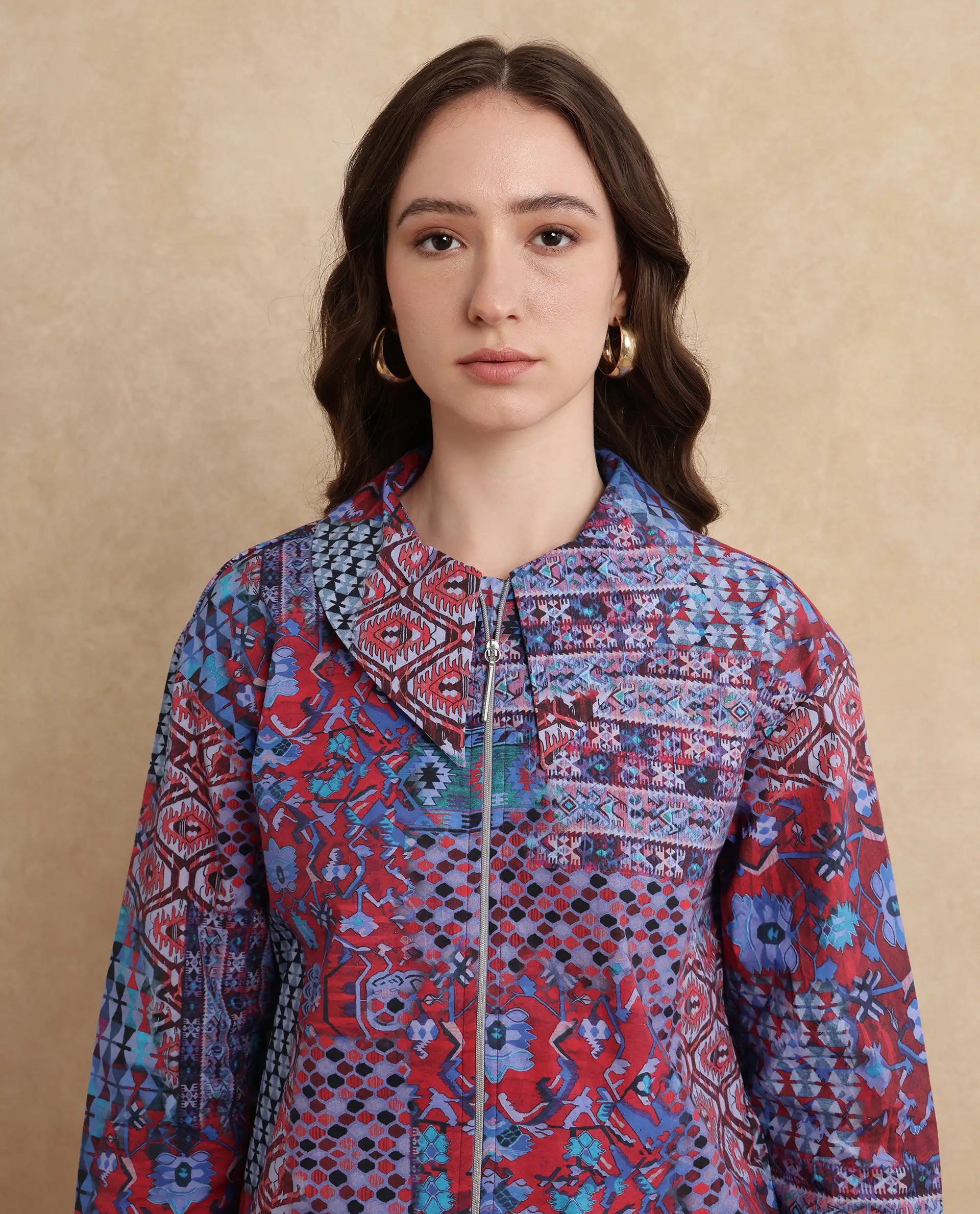 Rareism Women Xany Multi Full Sleeve Collared Neck Zipper Closure Abstract Print Top