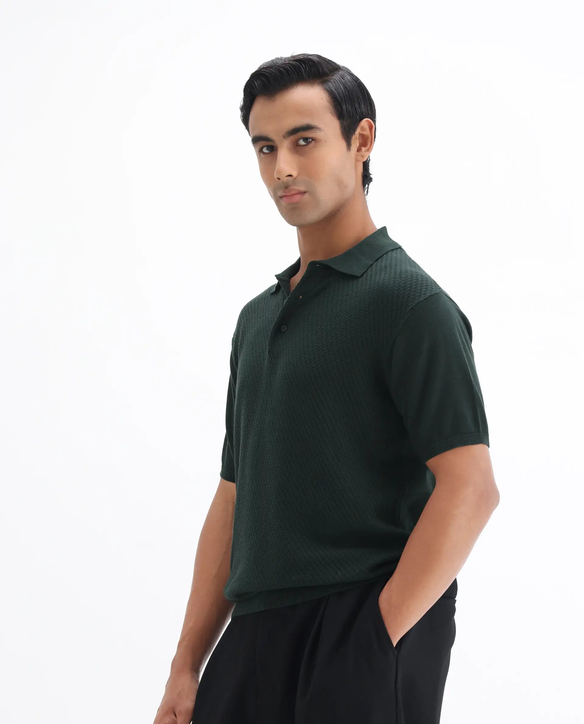 Rare Rabbit Men's Xas Dark Green Cotton Textured Regular Fit Half Sleeve Polo