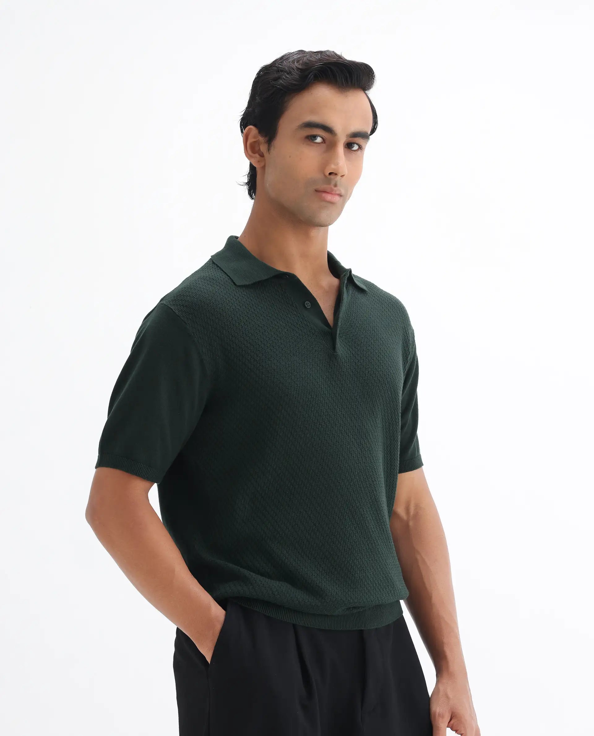 Rare Rabbit Men's Xas Dark Green Cotton Textured Regular Fit Half Sleeve Polo