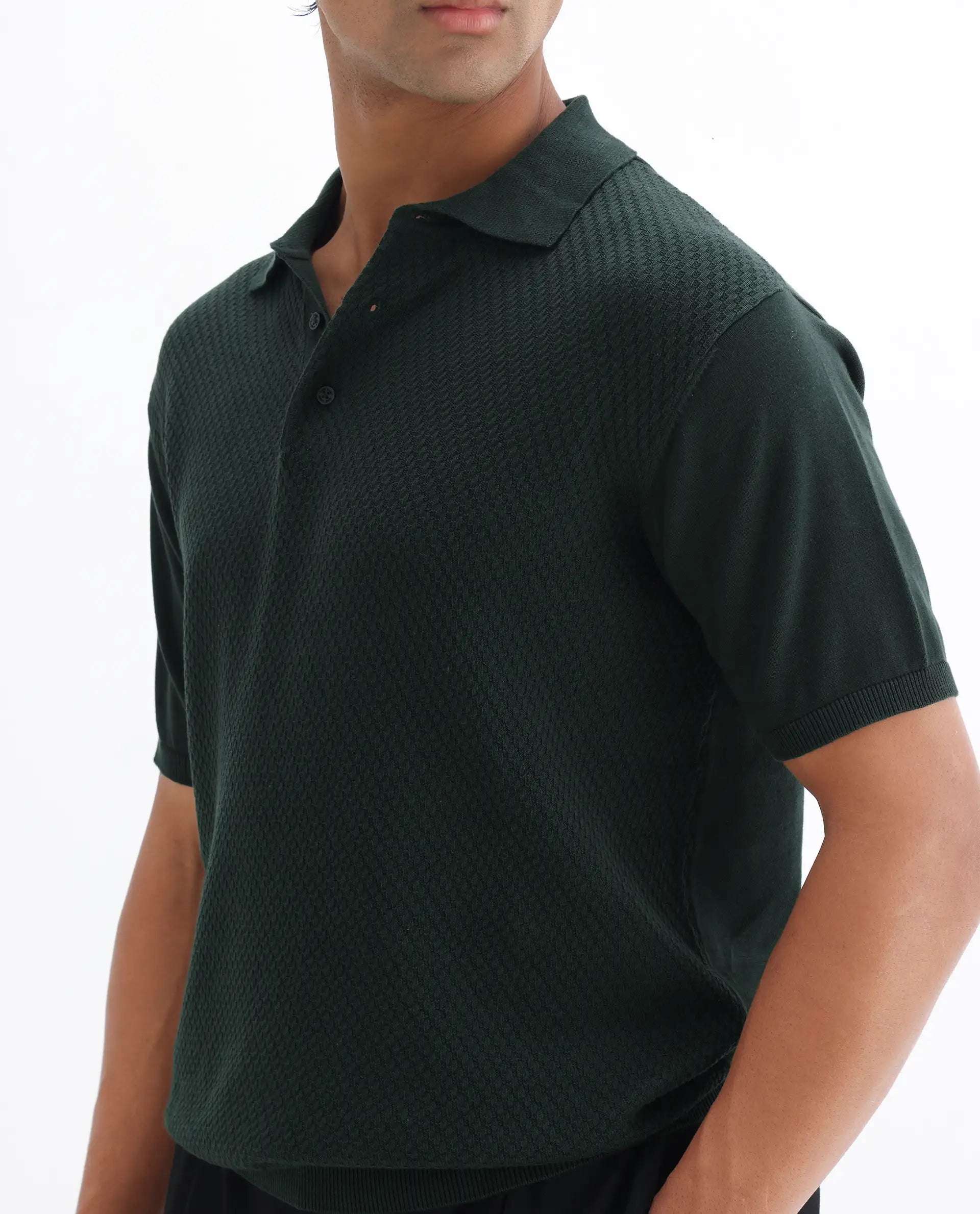 Rare Rabbit Men's Xas Dark Green Cotton Textured Regular Fit Half Sleeve Polo