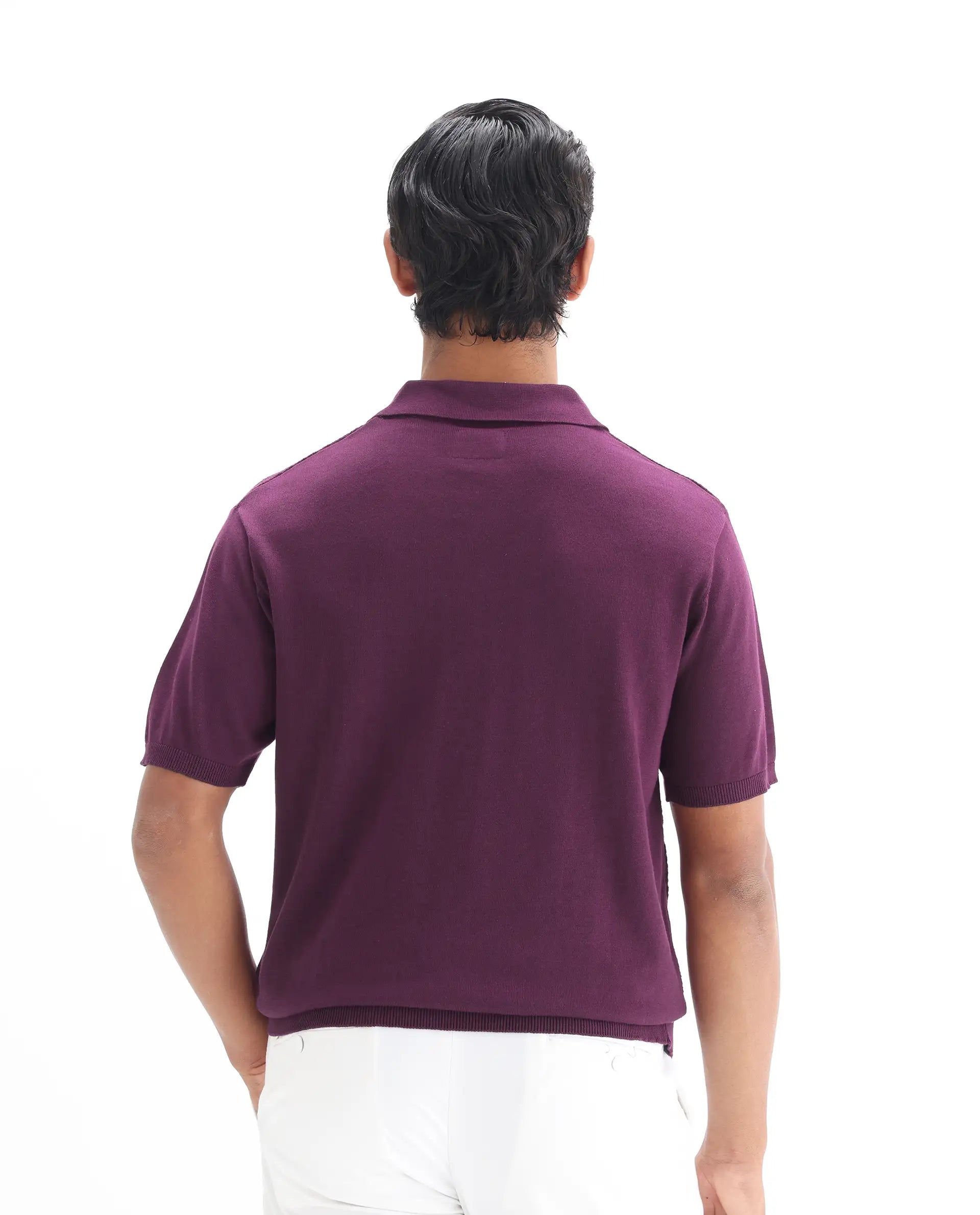 Rare Rabbit Men's Xas Dark Purple Cotton Textured Regular Fit Half Sleeve Polo