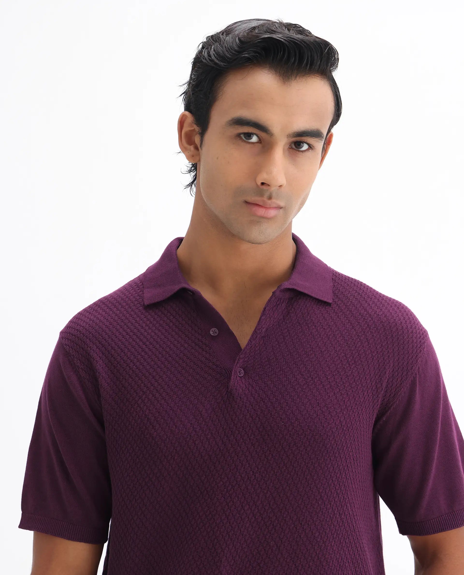 Rare Rabbit Men's Xas Dark Purple Cotton Textured Regular Fit Half Sleeve Polo